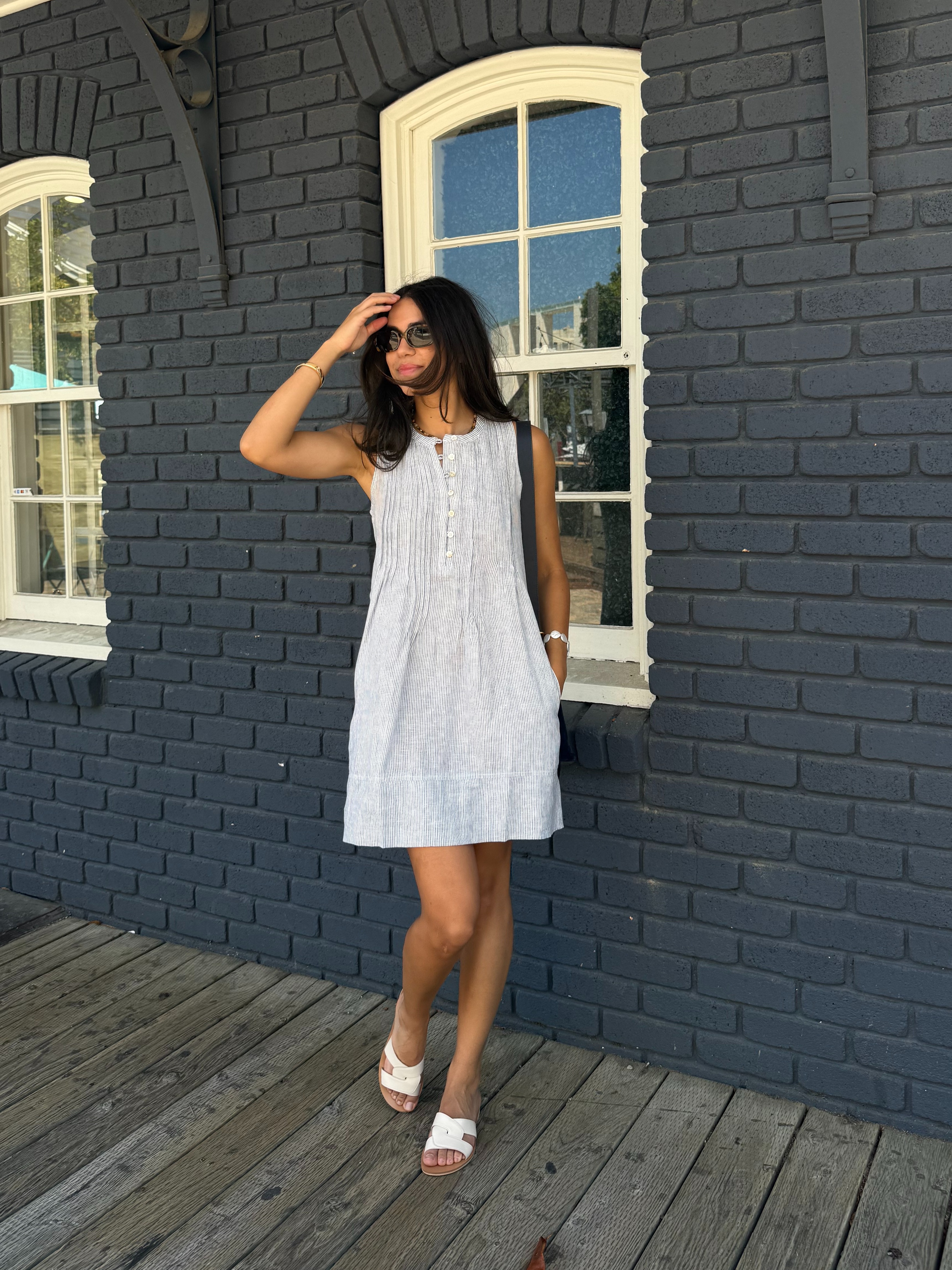 Blue Pinstripe 100% European Linen Sleeveless Swing Dress