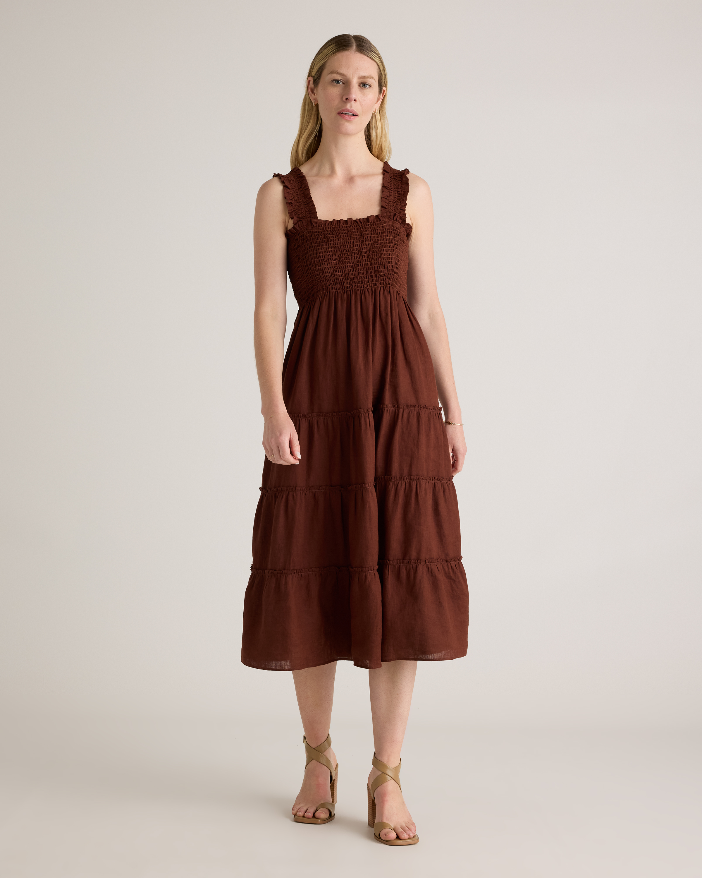 Chocolate 100% European Linen Smocked Midi Dress