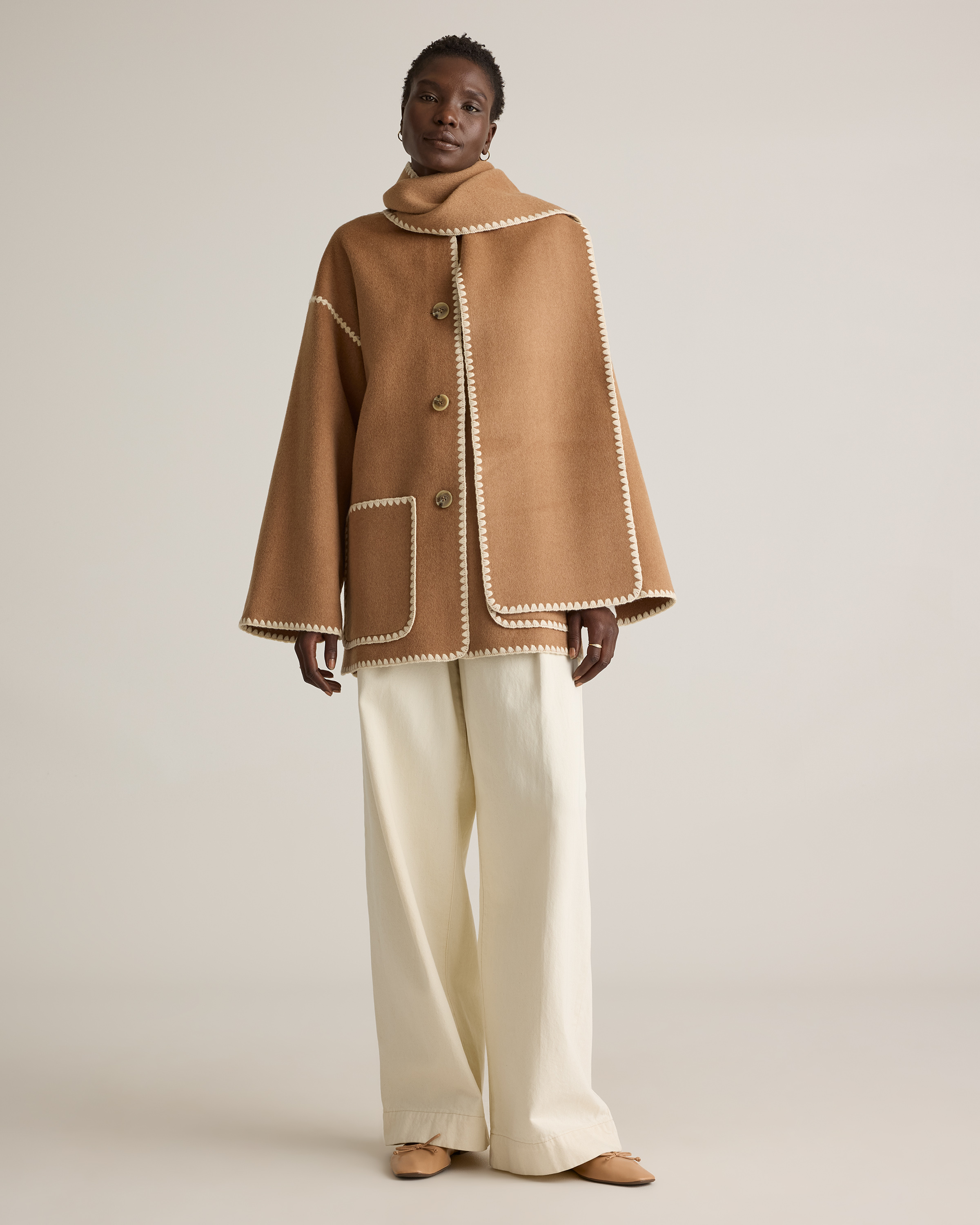 Double-Faced Merino Wool Scarf Coat in Caramel