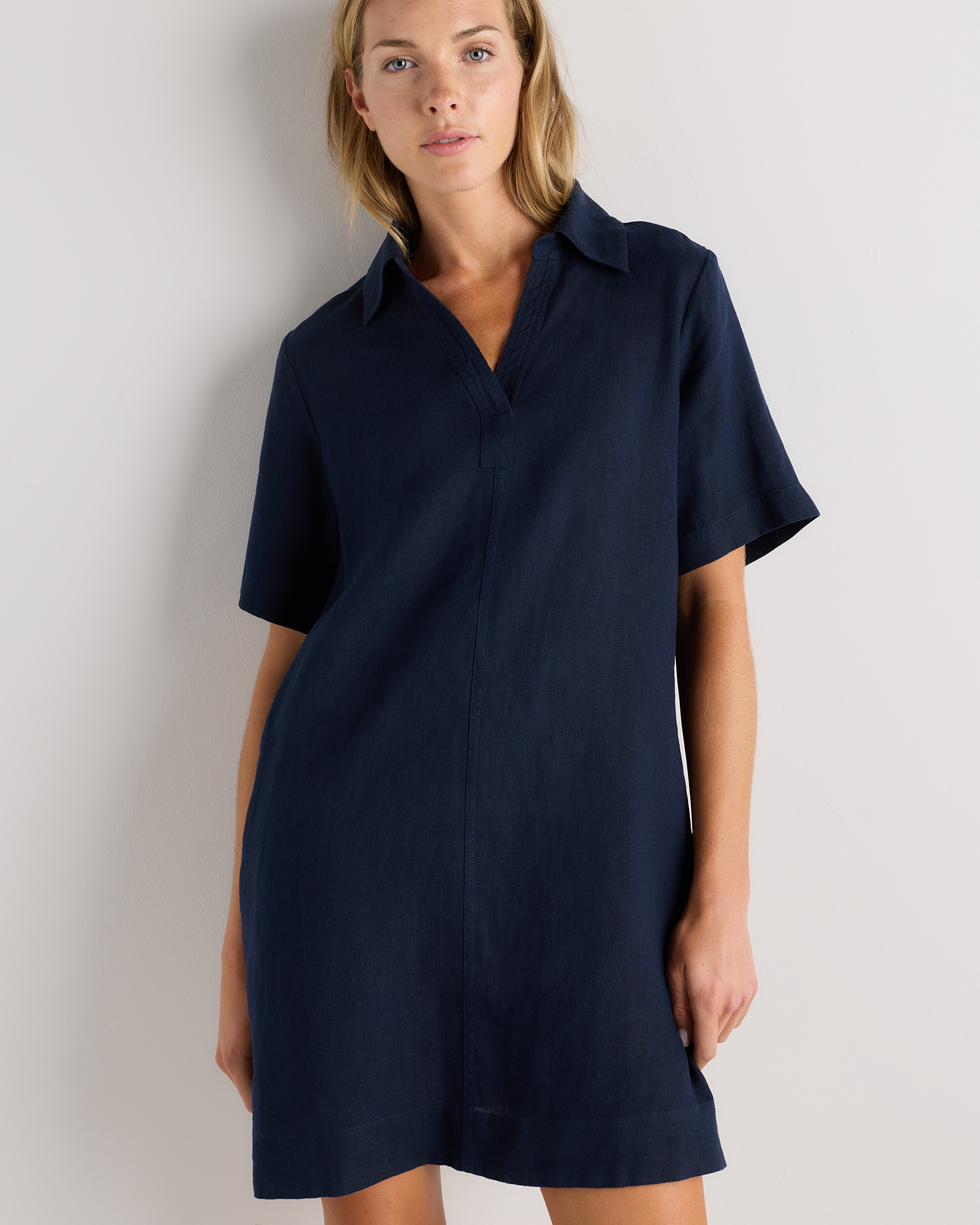 Deep Navy 100% European Linen Popover Mini Dress