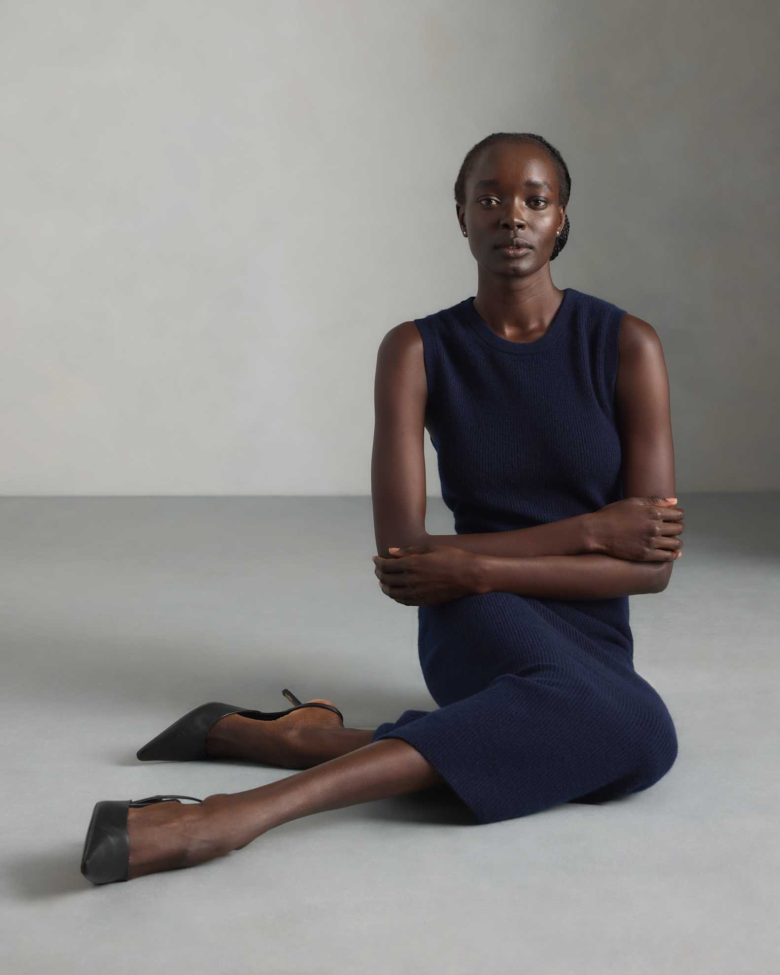 navy sweater dress Relaxed V-Neck Midi in Cotton Merino her normal dress size is (small) and normal skirt size is (medium) Blair Sweater Dress - Navy
