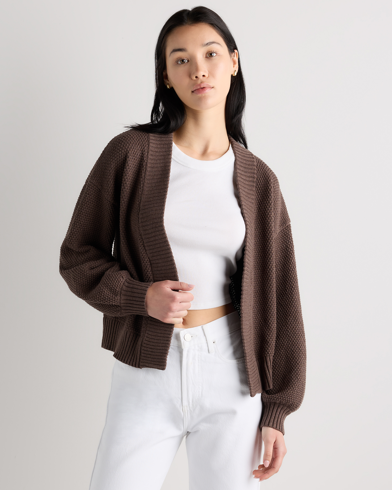 Heather Brown 100% Organic Cotton Waffle Stitch Open Cardigan