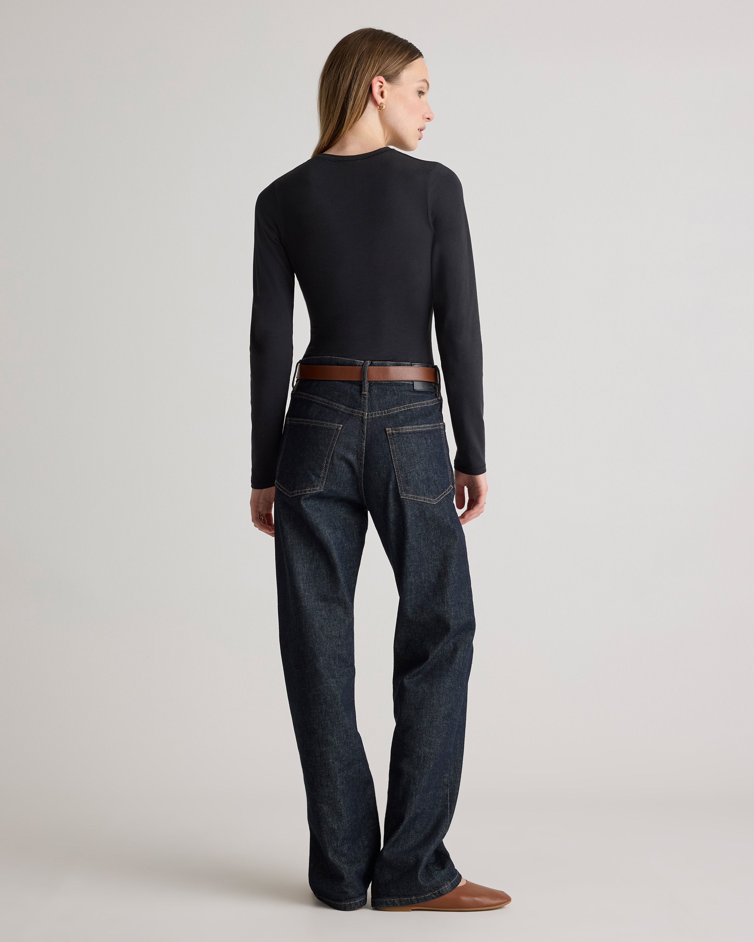 Stretch Cotton Jersey Fitted Long Sleeve T-Shirt in Black