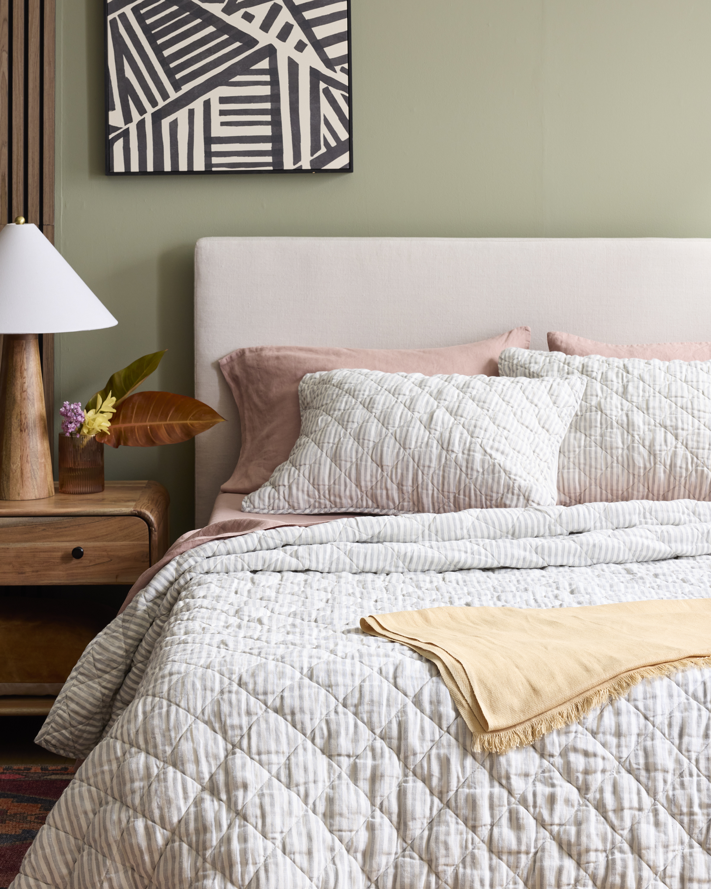 European Linen Stripe Quilt Set - Mist/White Stripe