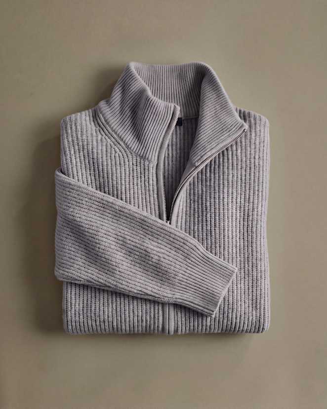Men s Mongolian Cashmere Fisherman Full Zip Sweater grey