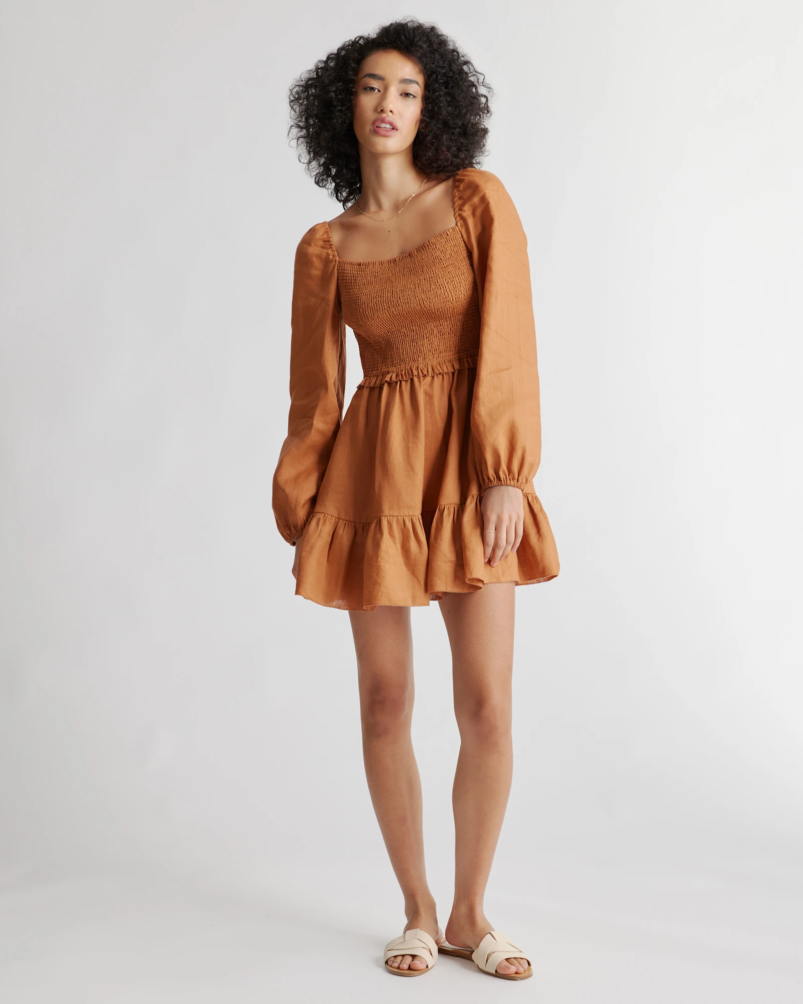 100% European Linen Smocked Mini Dress