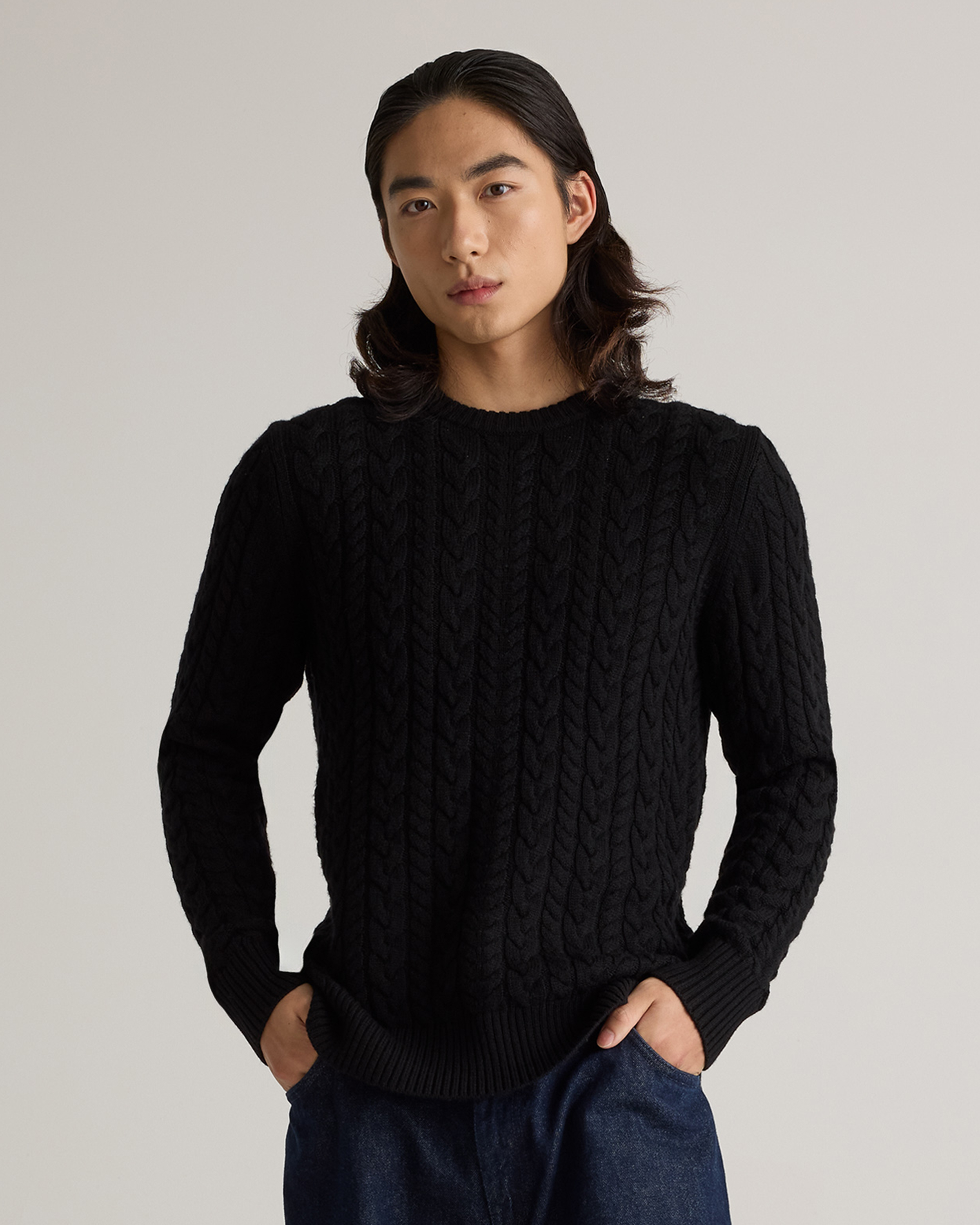 Quince Men's Australian Merino Wool Cable Crewneck Sweater In Black