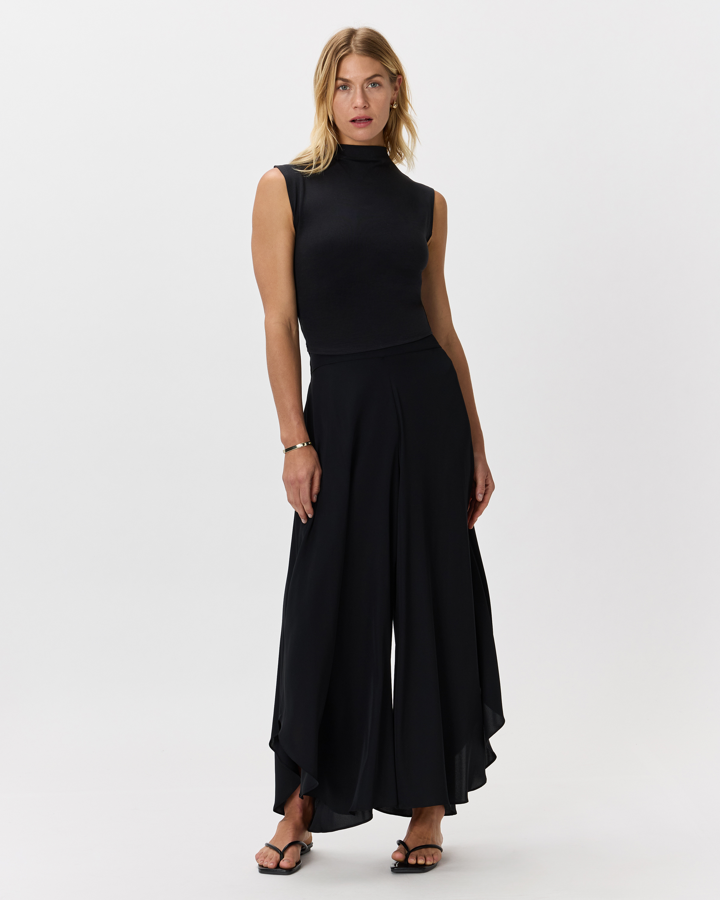 Washable Stretch Silk Palazzo Pants in Black