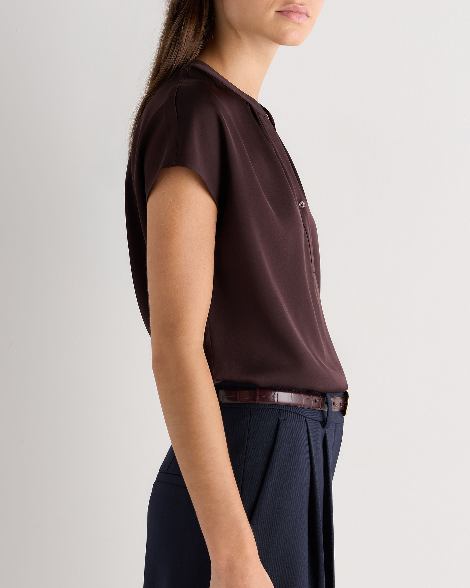 Women's Washable Stretch Silk Dolman Sleeve Blouse in Chocolate