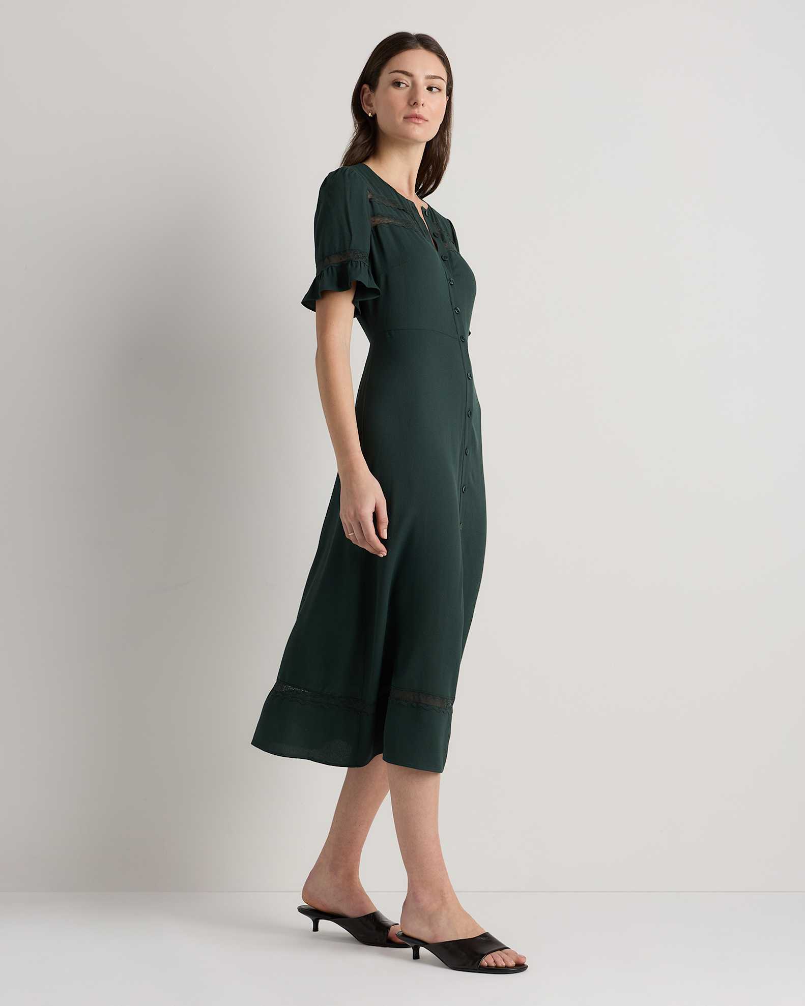 Women's Lightweight Crepe Lace Inset Midi Dress in True Black, Size XS, Viscose by Quince Women's Lightweight Crepe Lace Inset Midi Dress in True Black, Size XS, Viscose by Quince