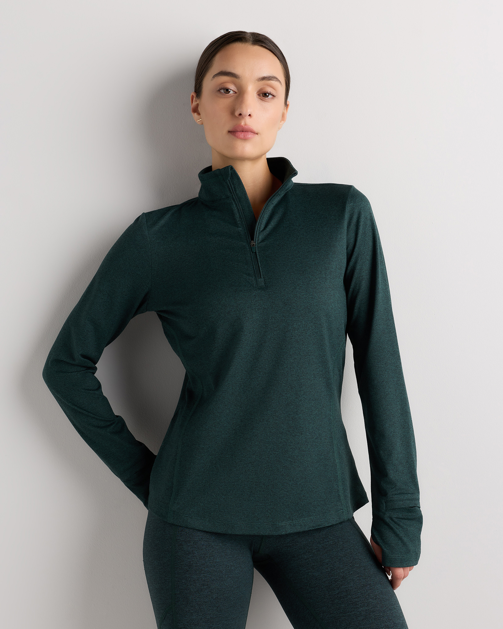 Heather Green Flowknit Quarter-Zip Pullover