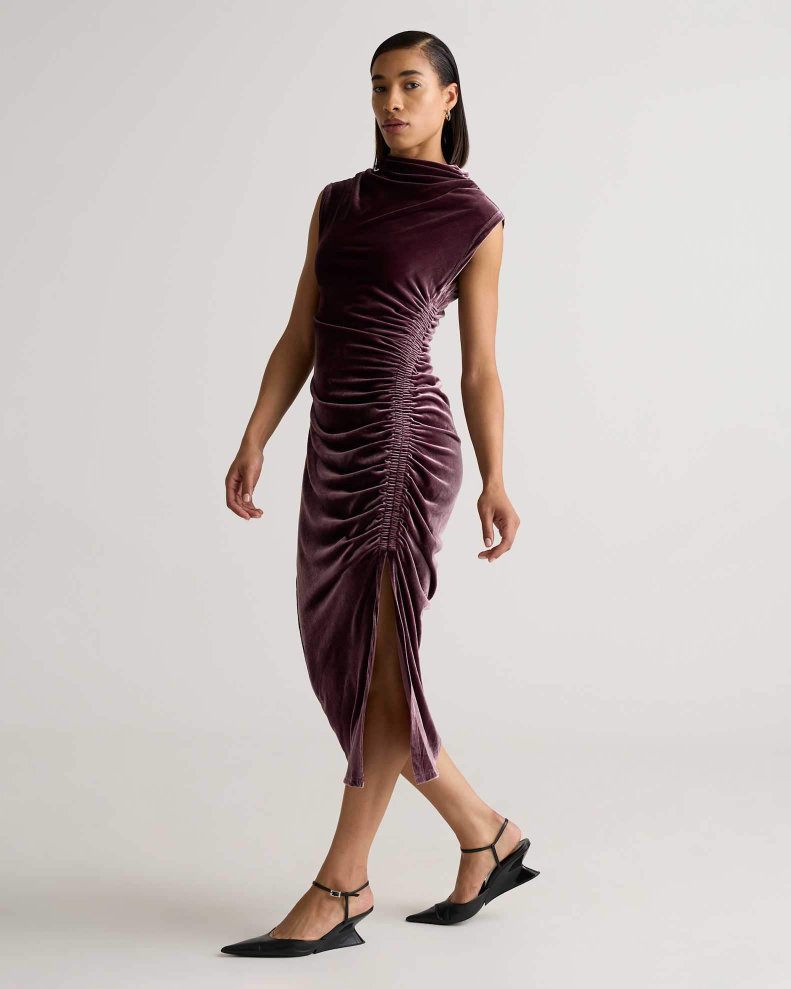 Stretch Silk Velvet Ruched Midi Dress in Wine Tasting Red
