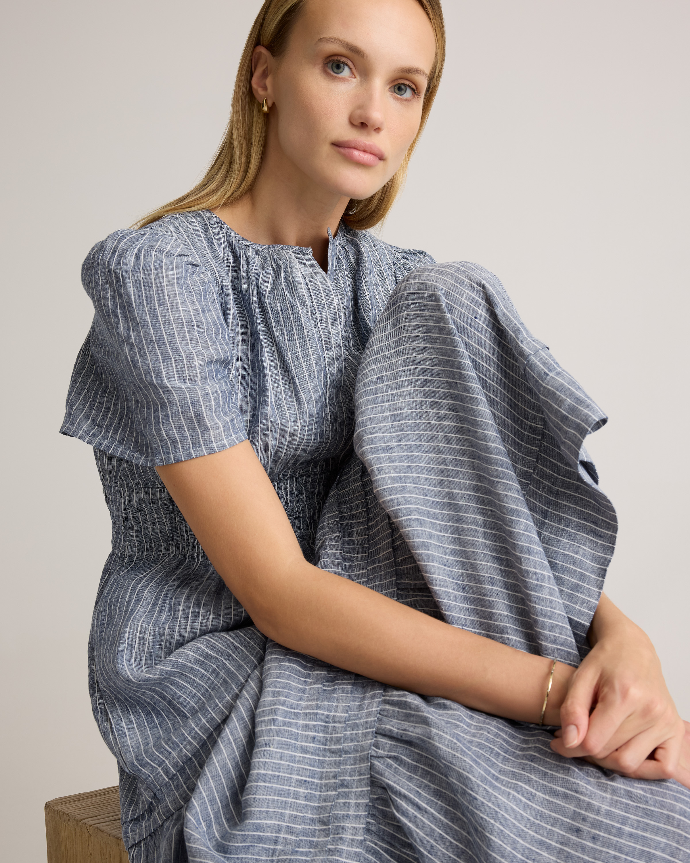 Quince Women's European Linen Tiered Maxi Dress, XS, Chambray Stripe - 100% Flax, V-Neck, Short Sleeves, Pocketed