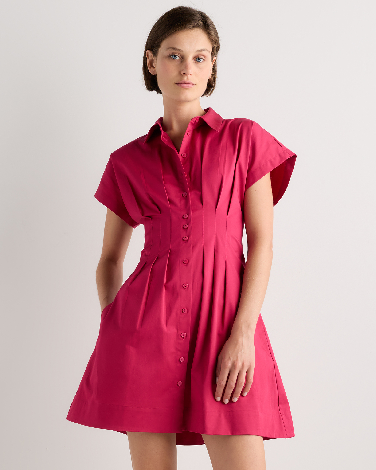 Amaranth Pink Stretch Twill Pleated Mini Shirt Dress