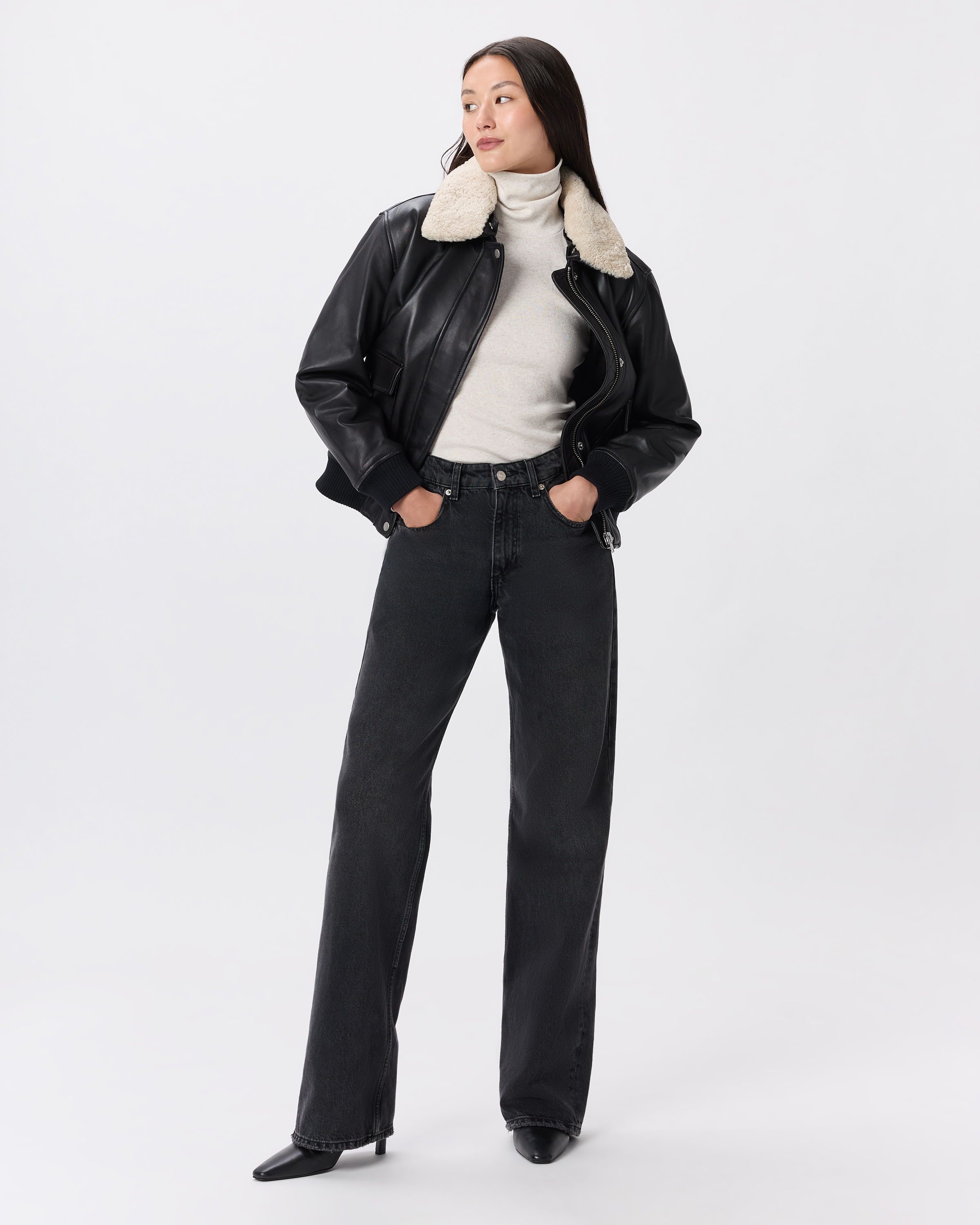 100% Leather Shearling Trim Aviator Jacket