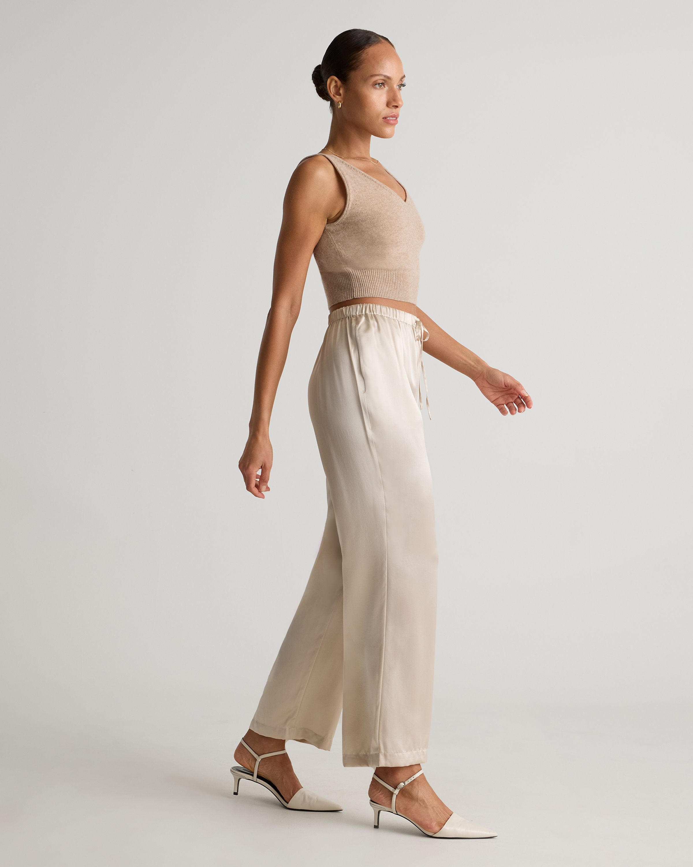 100% Washable Silk Drawstring Wide Leg Pants in Champagne
