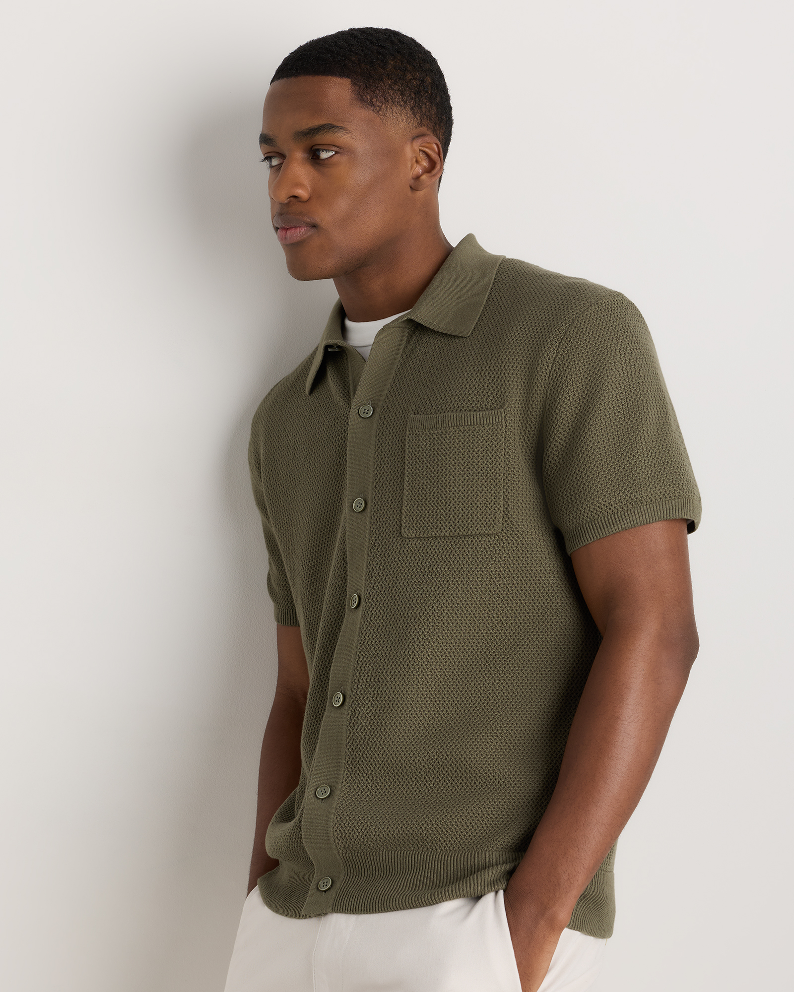 100% Organic Cotton Mesh-Stitch Button-Up Sweater Polo in Bayberry