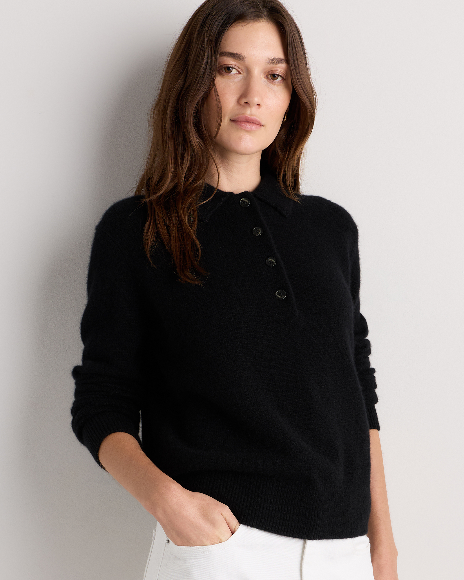 Black Pull style polo décontracté en cachemire de Mongolie pour femmes