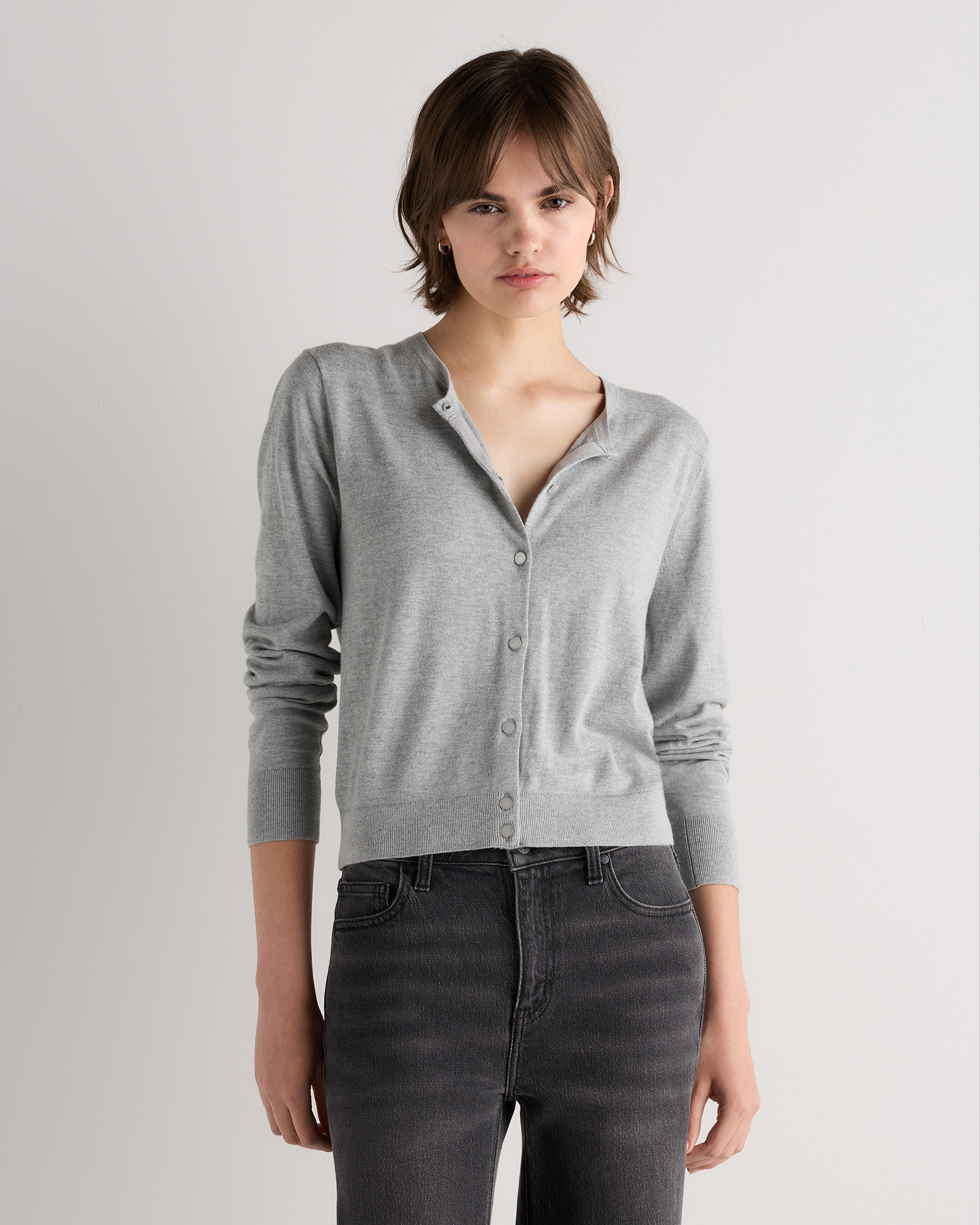 Heather Grey Lightweight Cotton Cashmere Crew Cardigan