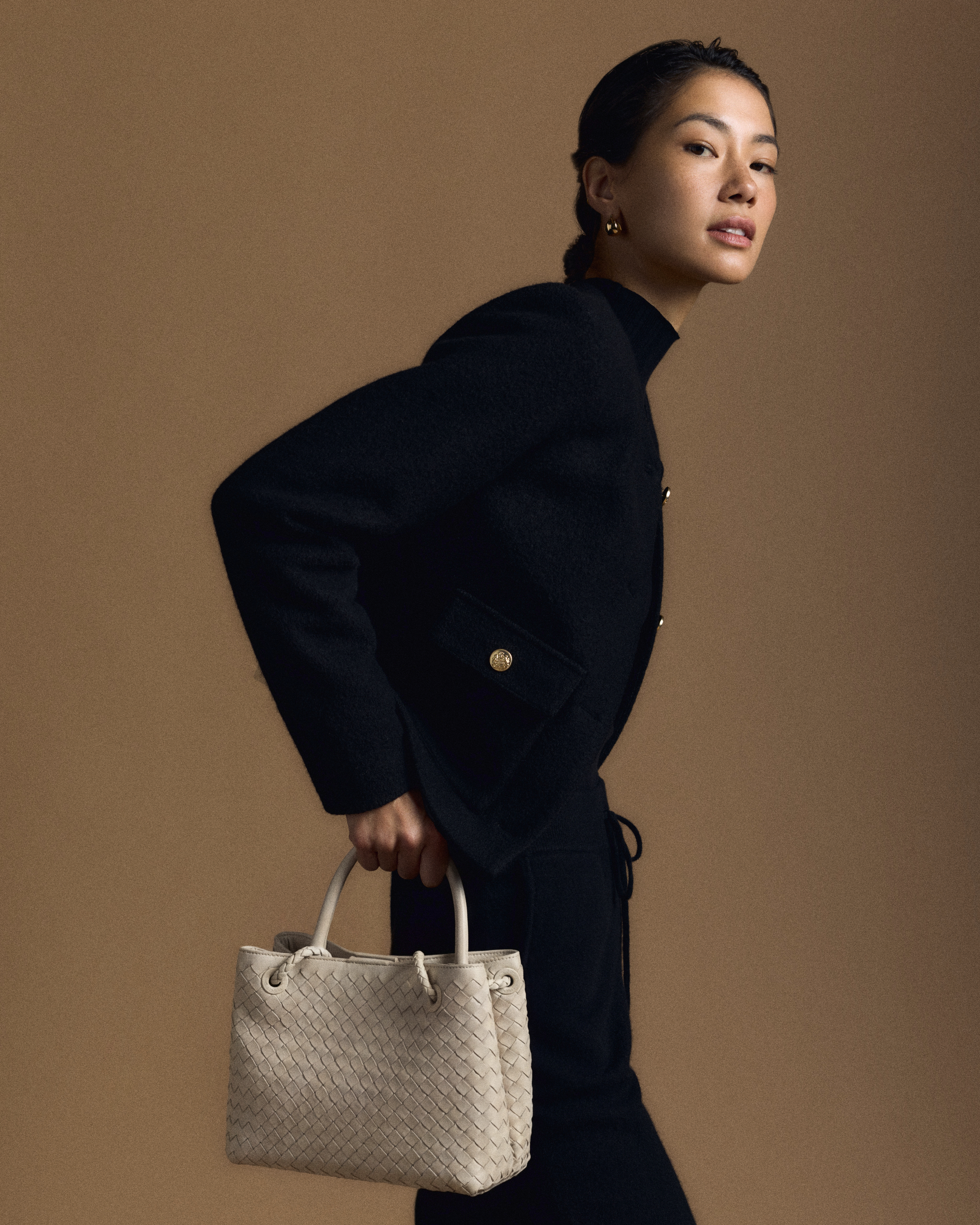 Black 100% Merino Wool Collarless Cropped Jacket