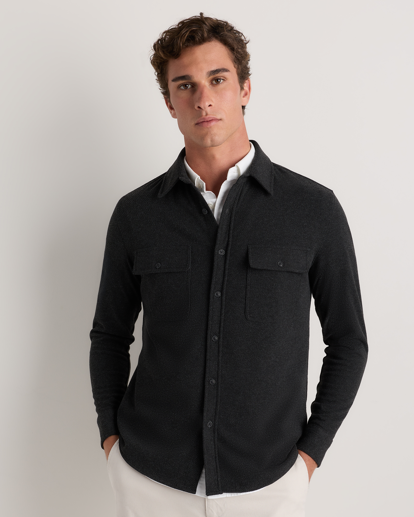Charcoal Twill Stretch Sweater Fleece Shirt