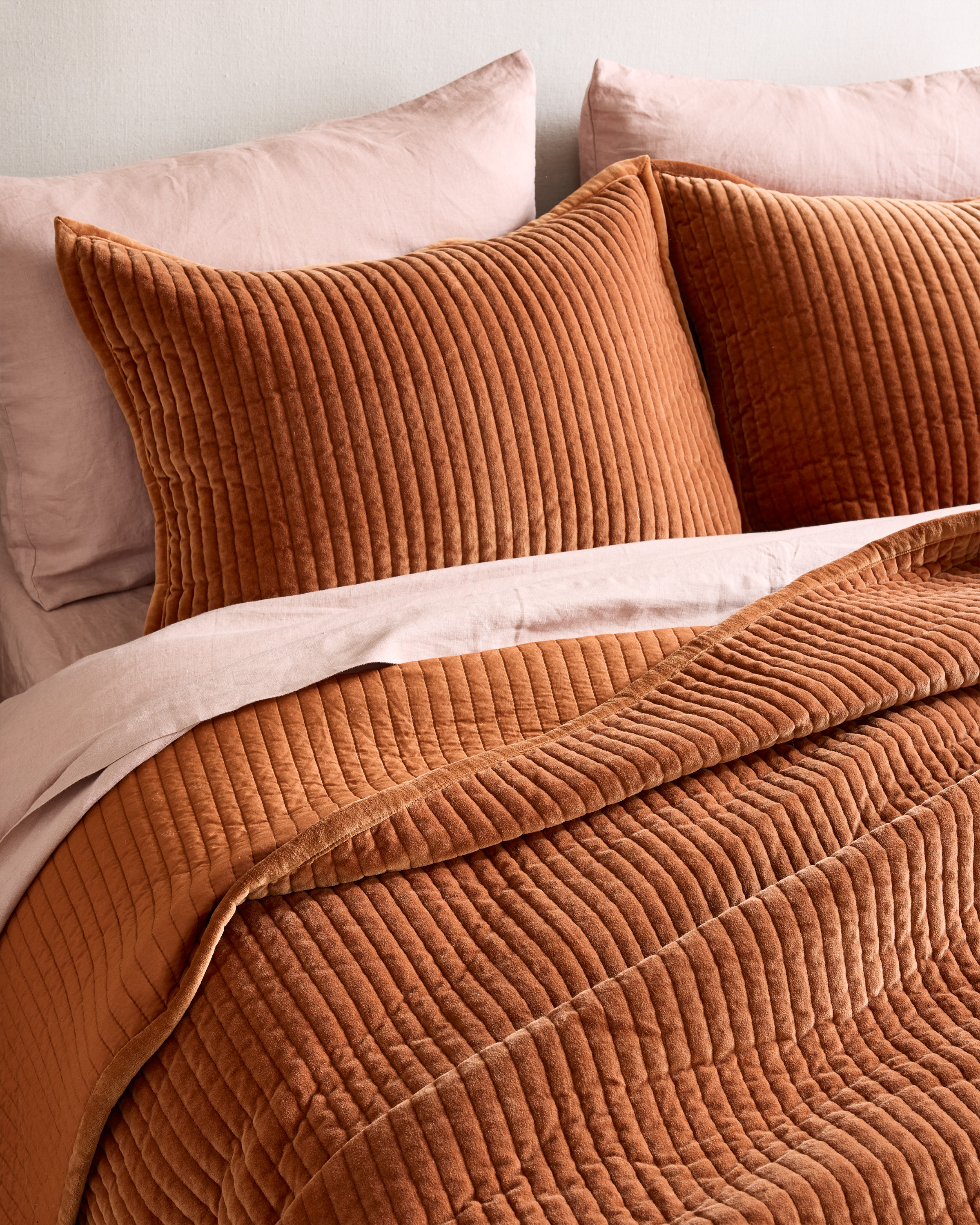 Terracotta Cotton Velvet Channel Quilted Sham Set