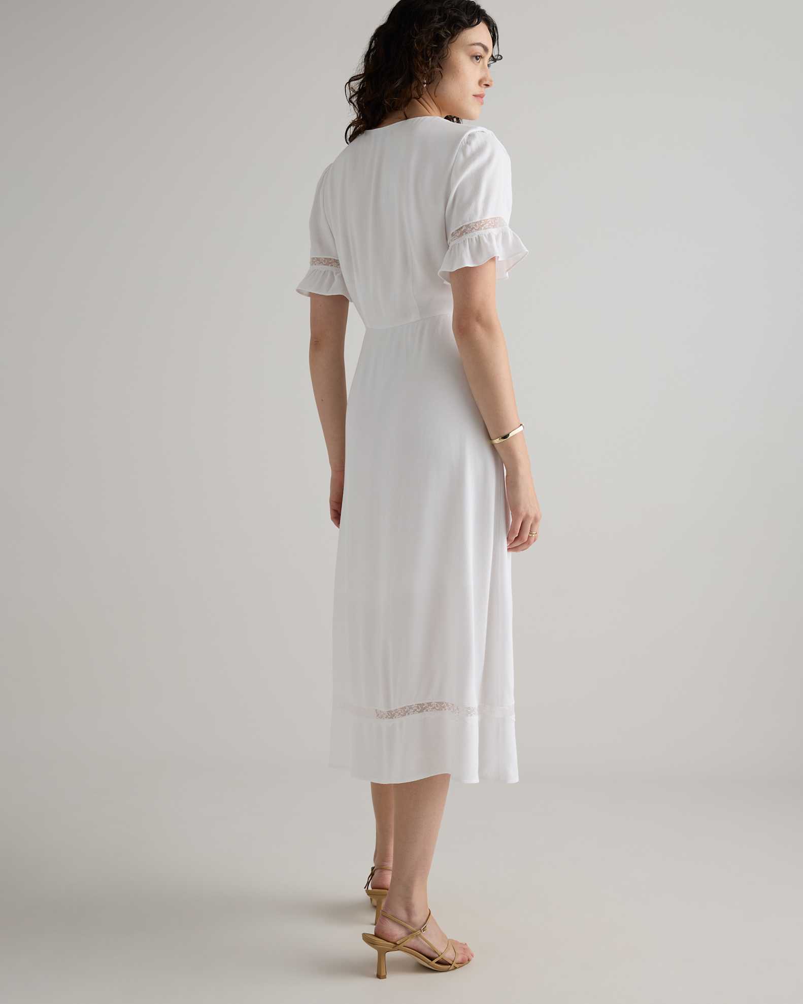 Lightweight Crepe Lace Inset Midi Dress in Ivory Lightweight Crepe Lace Inset Midi Dress in Ivory