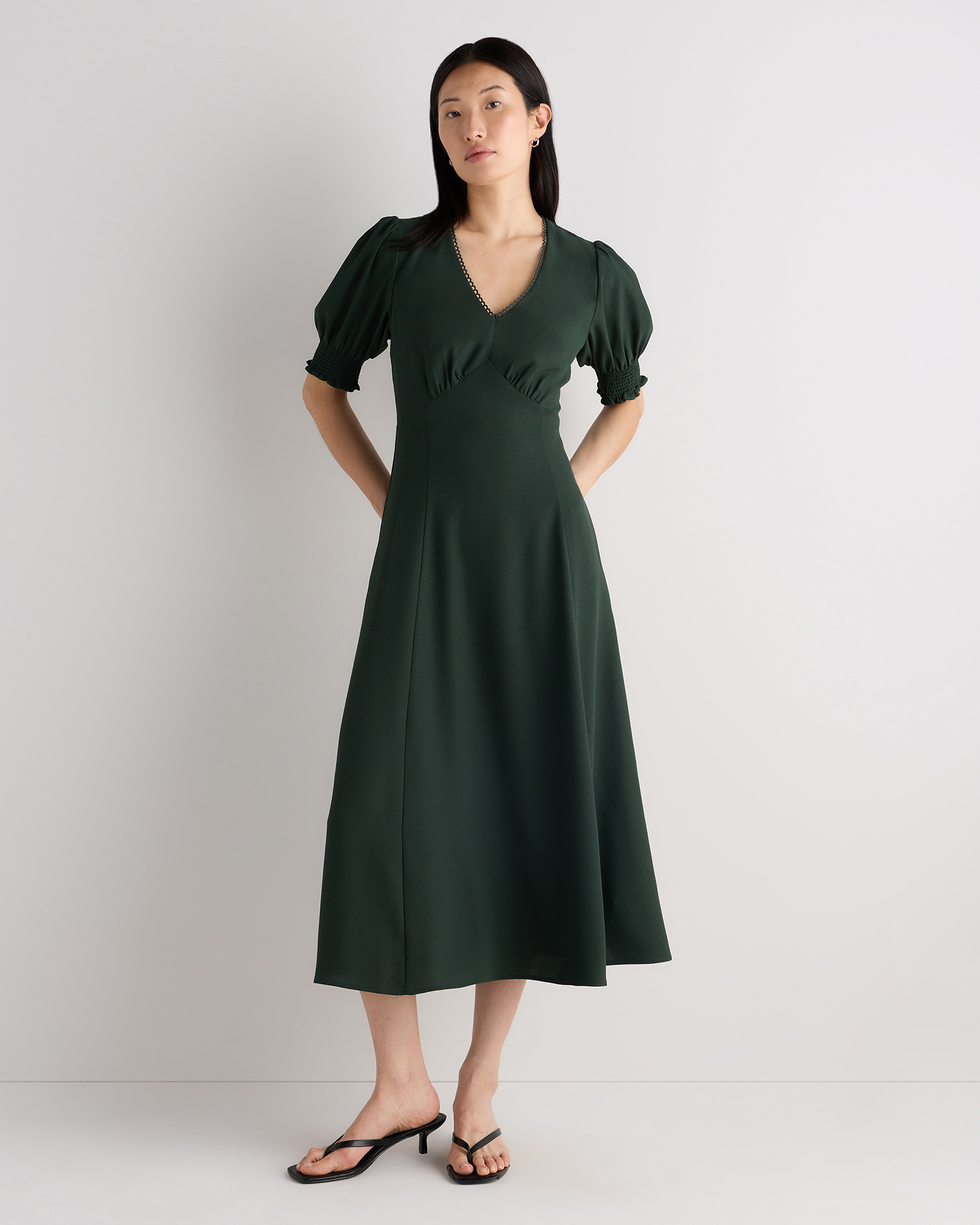 Forest Green Matte Crepe Puff Sleeve Midi Dress