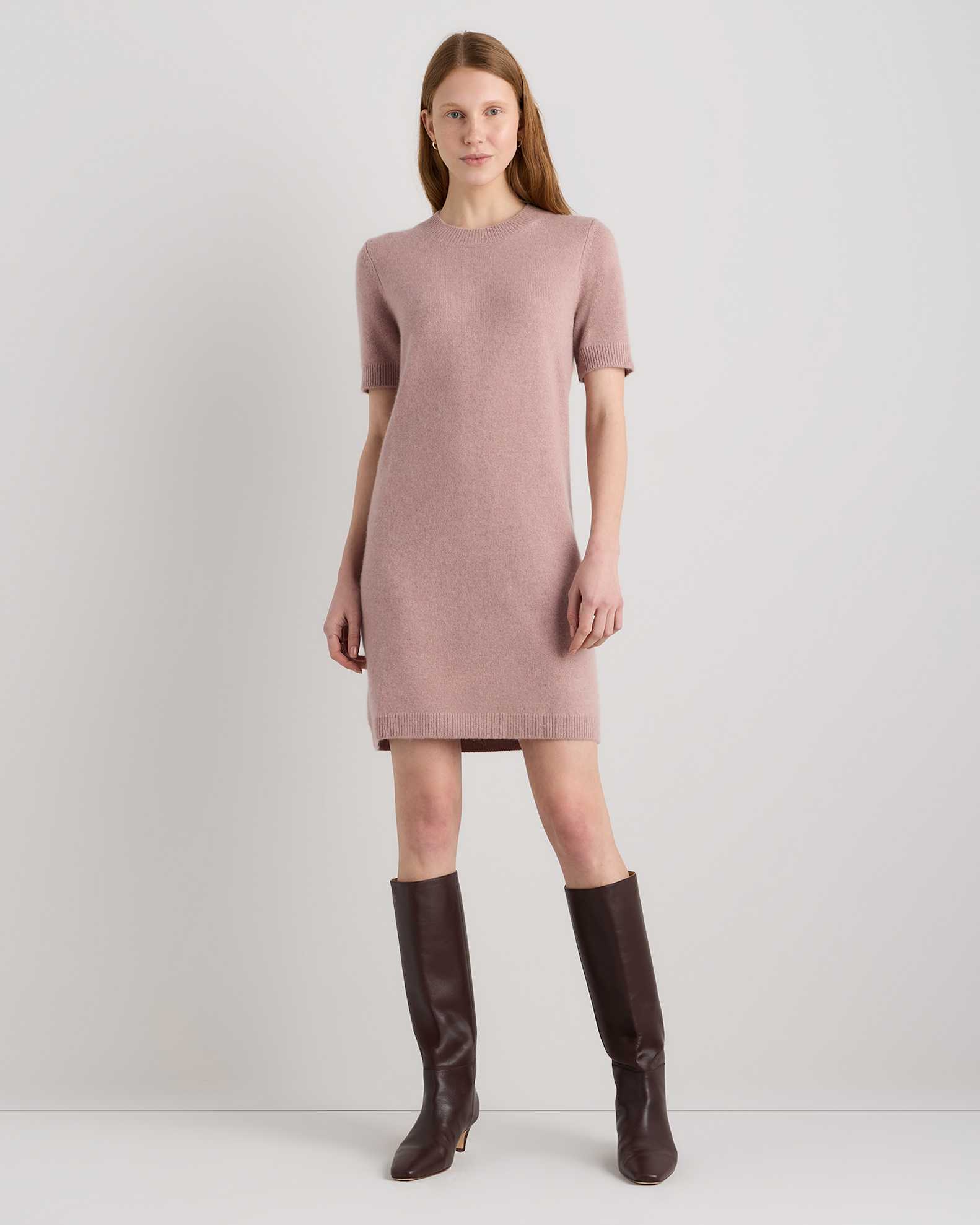 Women's Mongolian Cashmere Short Sleeve Mini Dress in Heather Vintage Pink, Size Large by Quince Women's Mongolian Cashmere Short Sleeve Mini Dress in Heather Vintage Pink, Size Large by Quince
