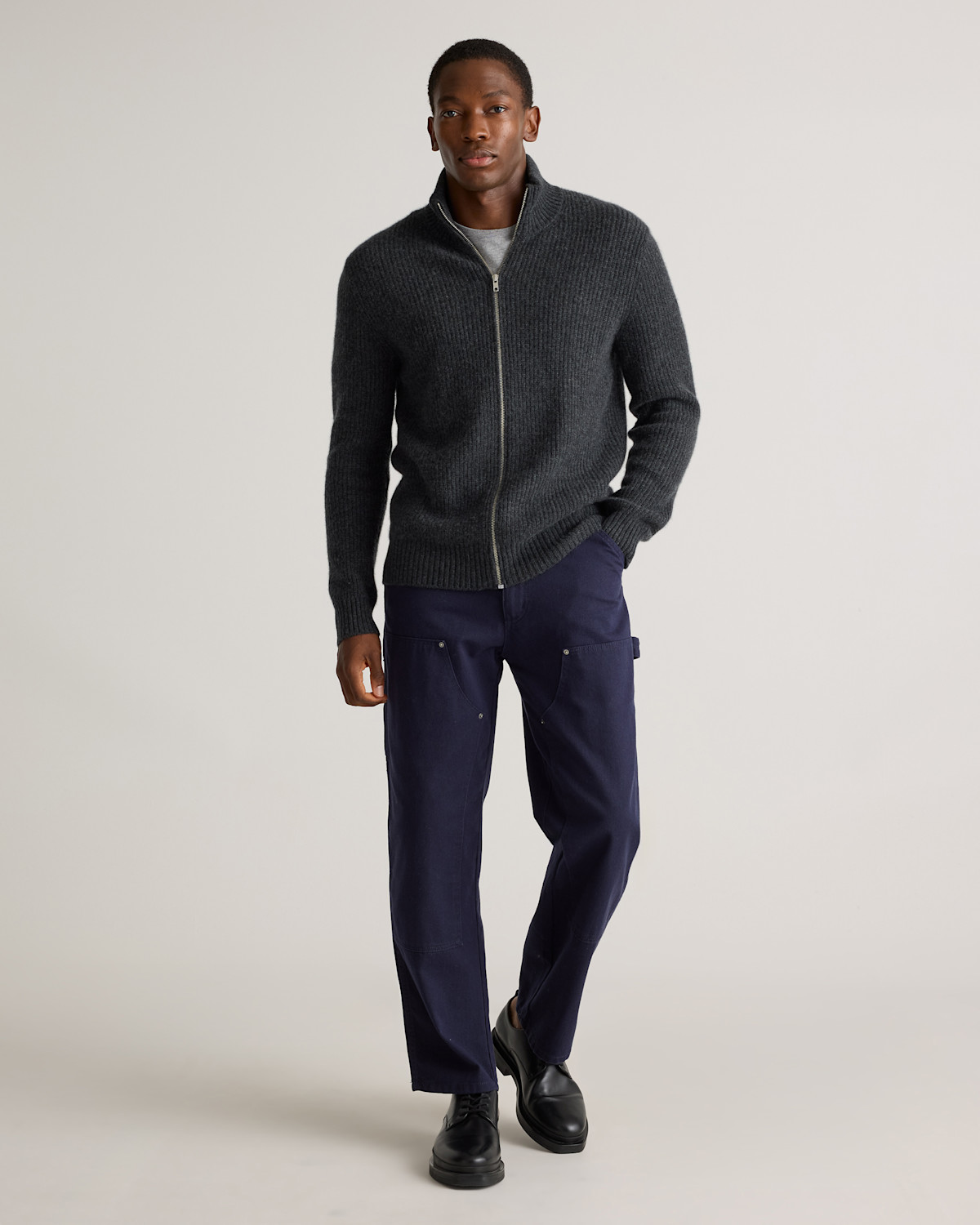 Quince Mongolian Cashmere Fisherman Full Zip Sweater in Heather Charcoal