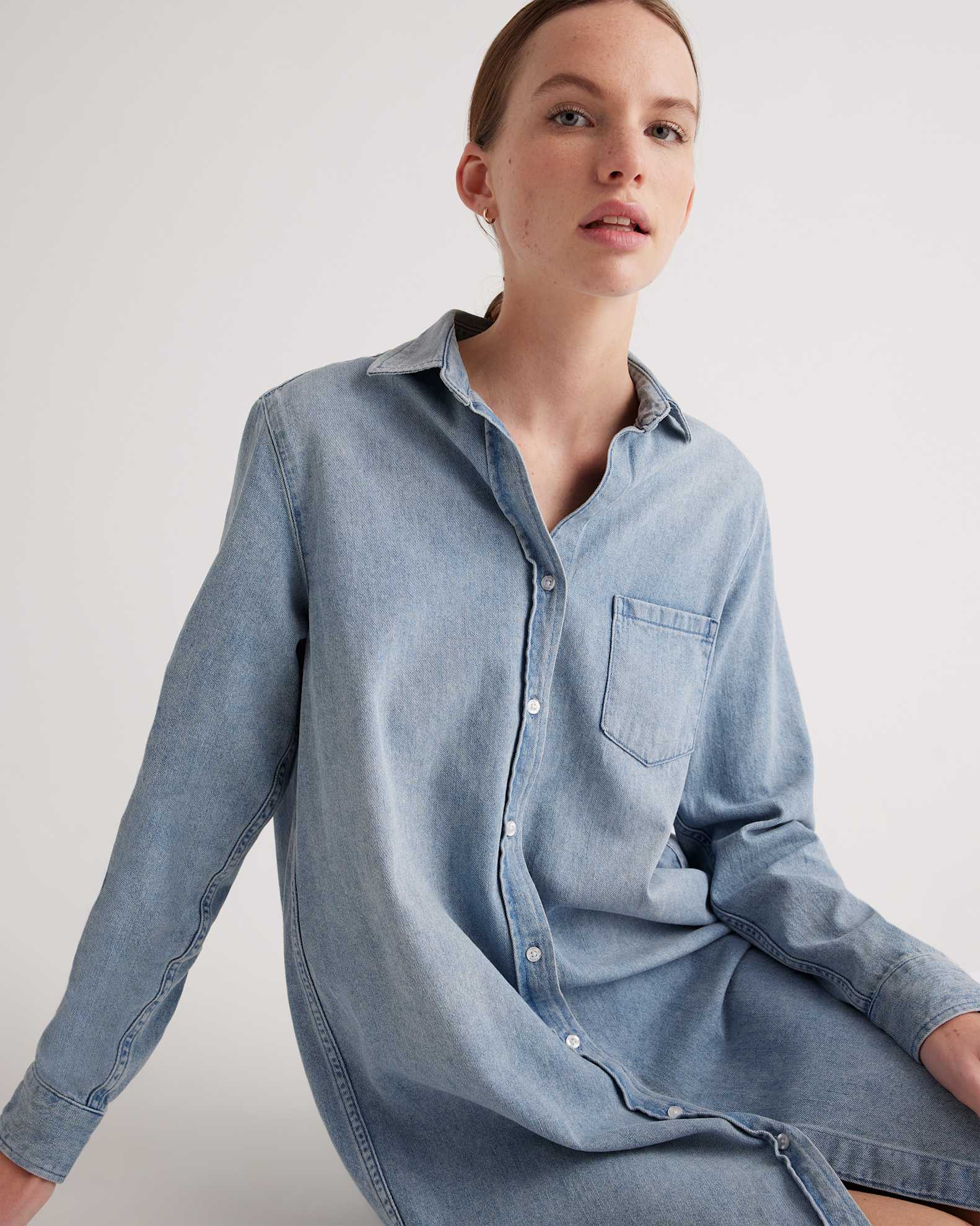 Distressed Denim Shirt Dress in Blue Distressed Denim Shirt Dress in Blue