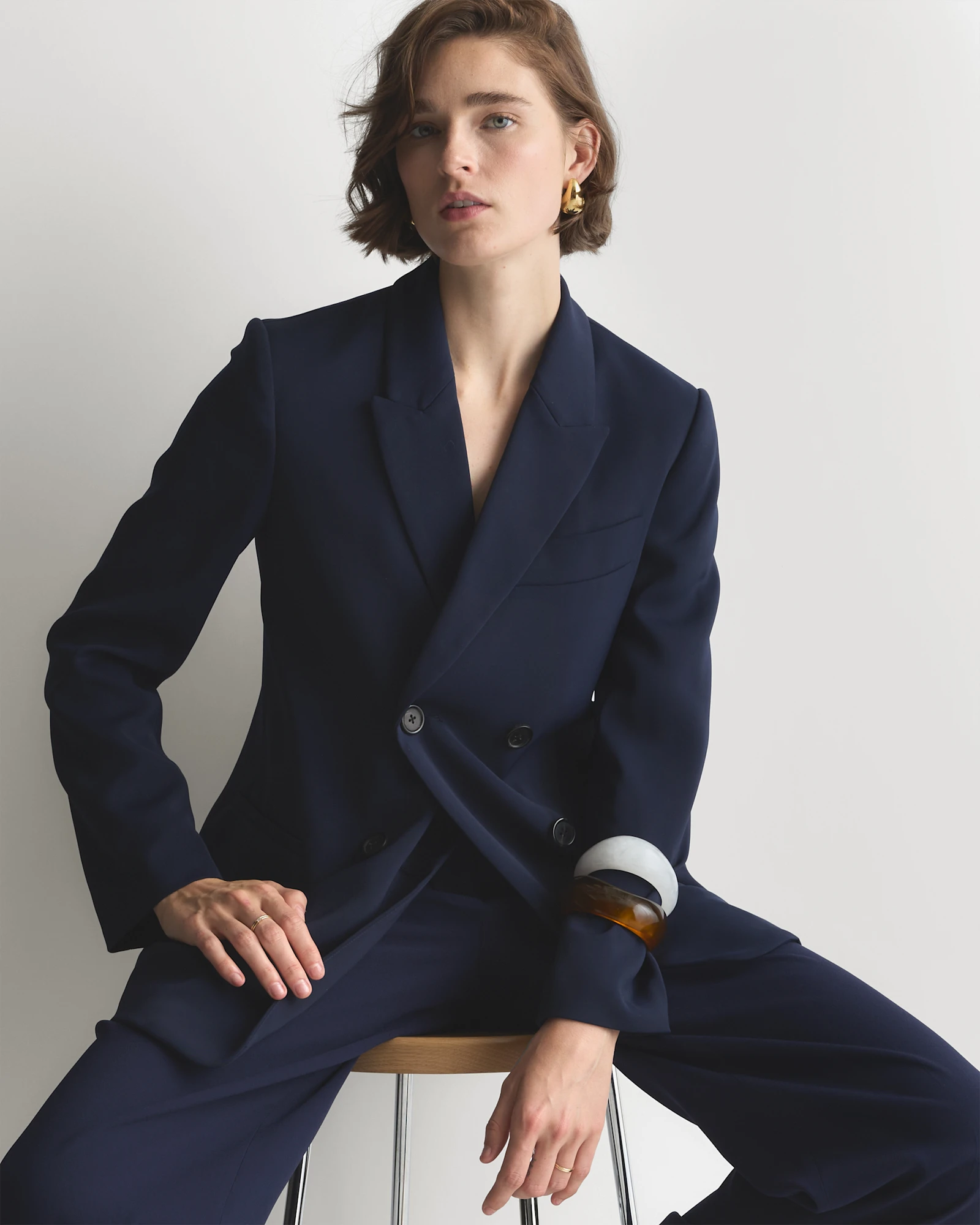 Stretch Crepe Relaxed Double-Breasted Blazer