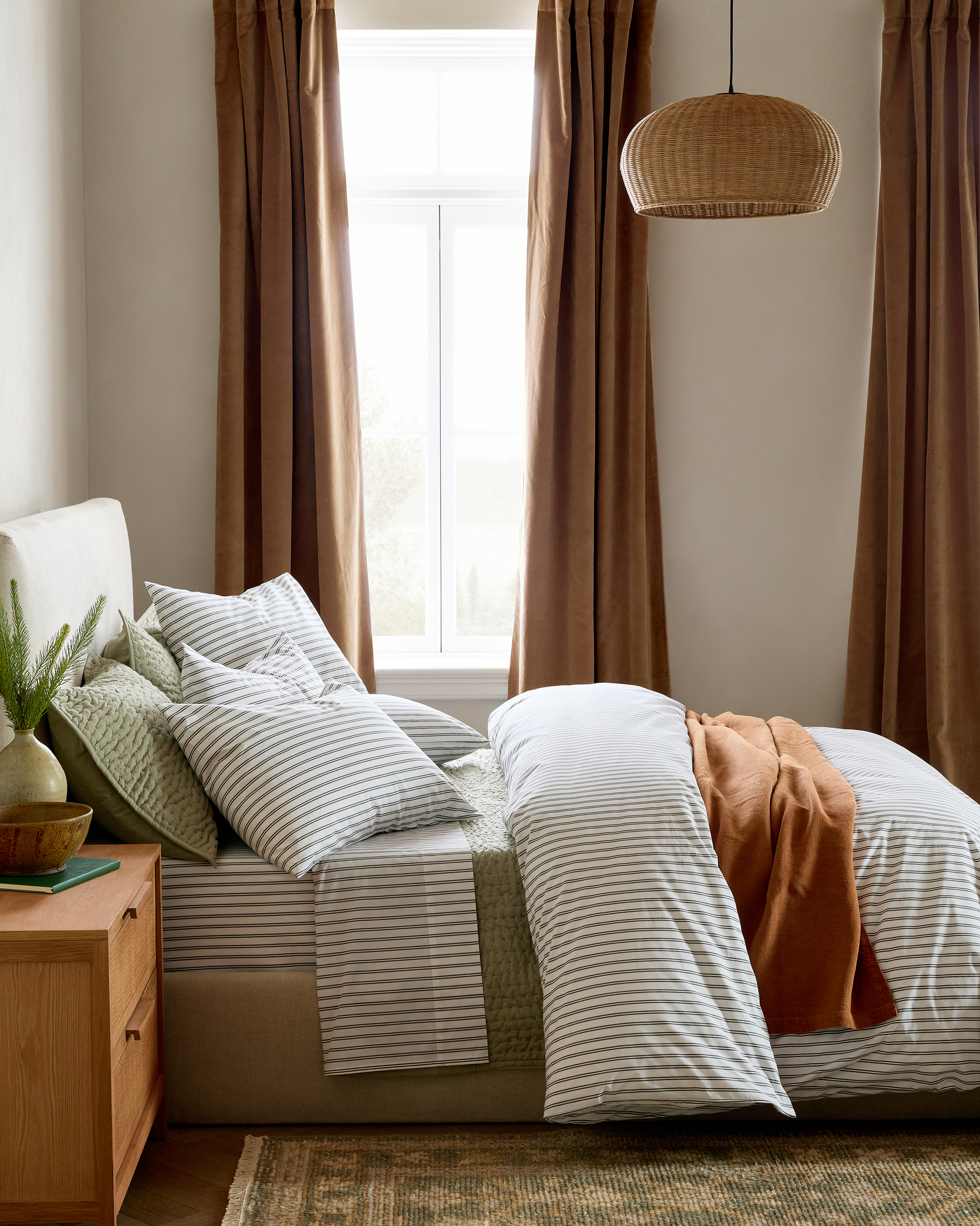 White/Pine Classic Organic Percale Double Stripe Duvet Cover