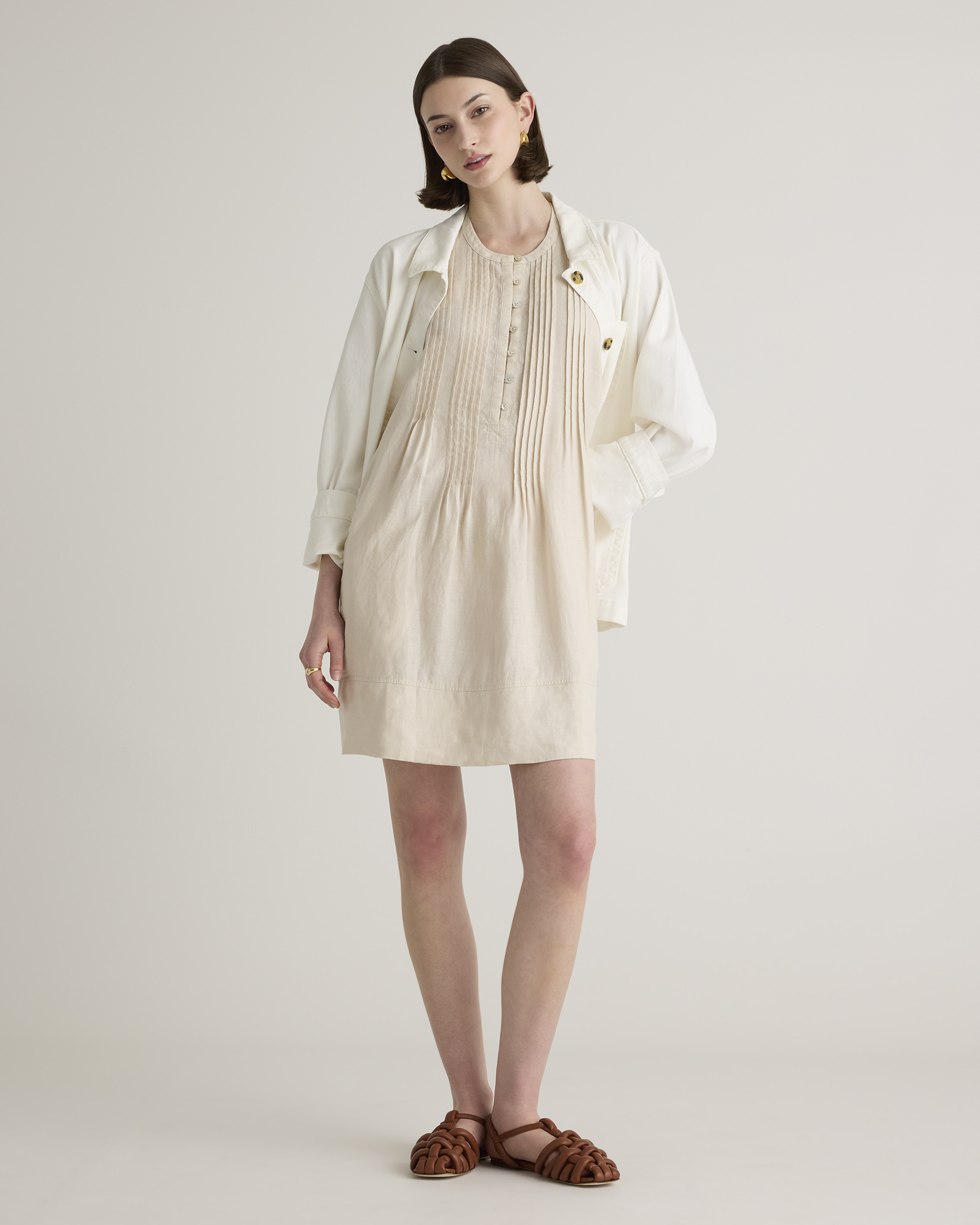 Quince Women's Sleeveless Swing Dress in Sand, Size XL - 100% European Linen, Eco-Friendly, Pleat Detailing