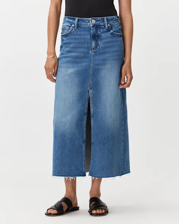 Stretch Denim 5-Pocket Midi Skirt