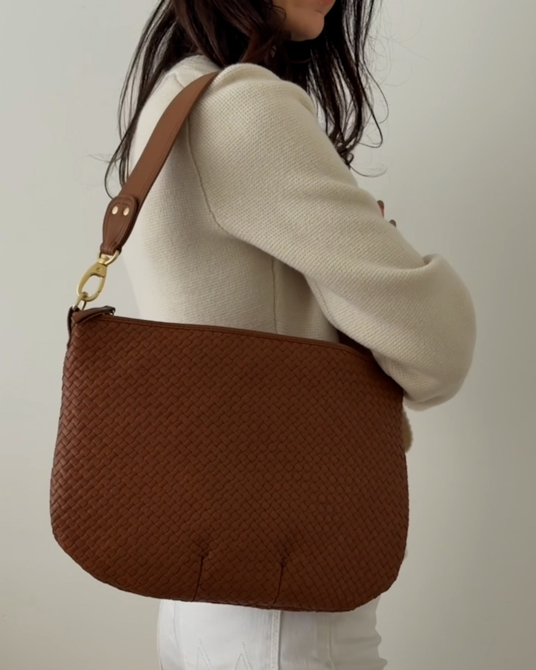 Italian Leather Convertible Crescent Handwoven Shoulder Bag - PDP Video Thumbnail (Cognac, 4x5)