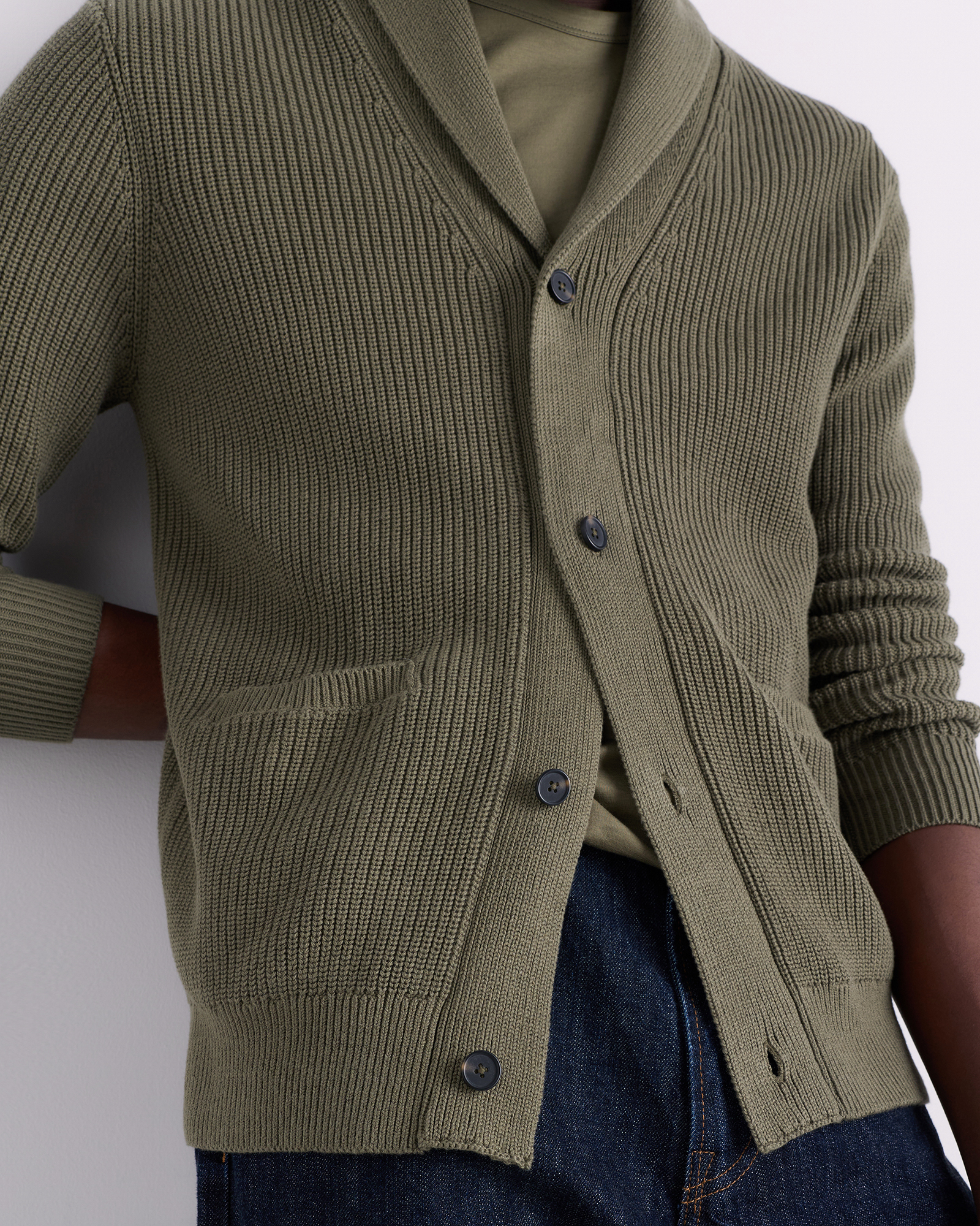 Men's 100% Organic Cotton Ribbed Shawl-Collar Cardigan Sweater