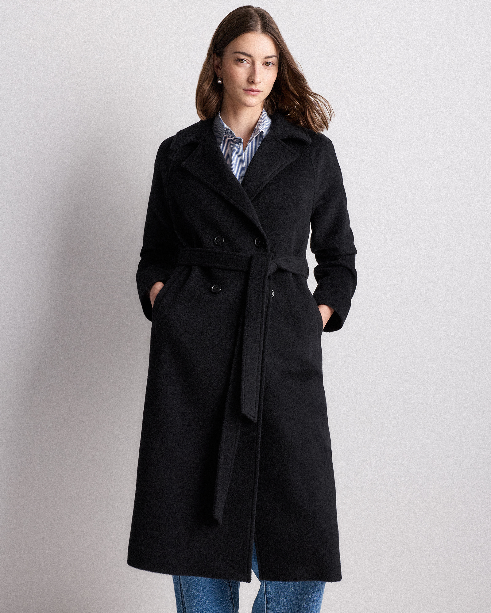 Black Camel Hair Double-Breasted Long Wrap Coat