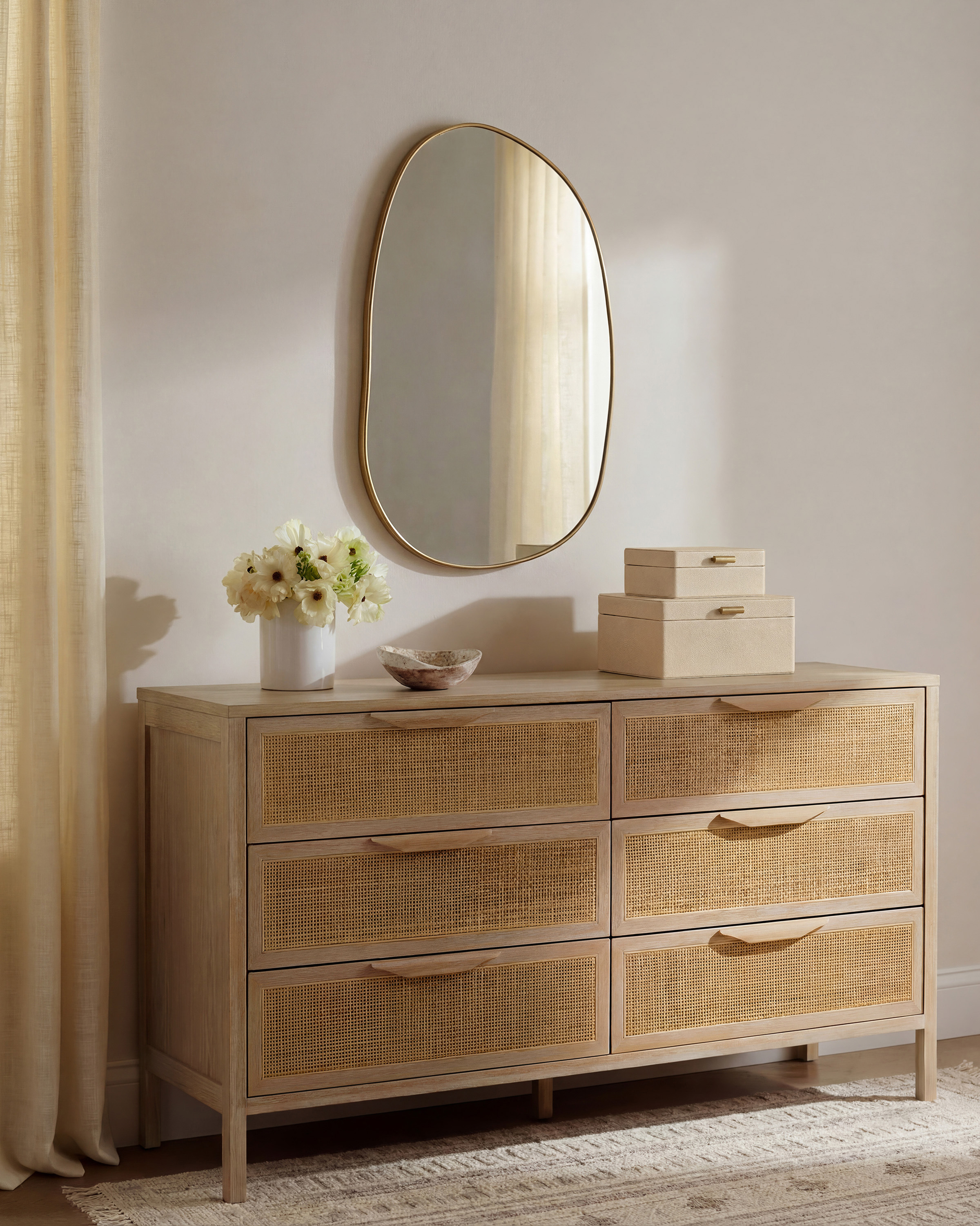 Solid Wood and Natural Rattan 6-Drawer Dresser, Oak by Quince
