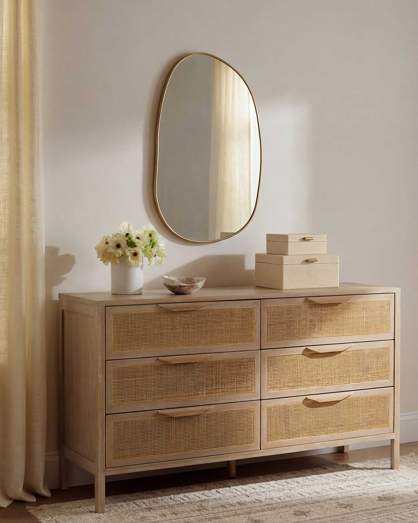 Solid Wood and Natural Rattan 6-Drawer Dresser, Oak by Quince Solid Wood and Natural Rattan 6-Drawer Dresser, Oak by Quince
