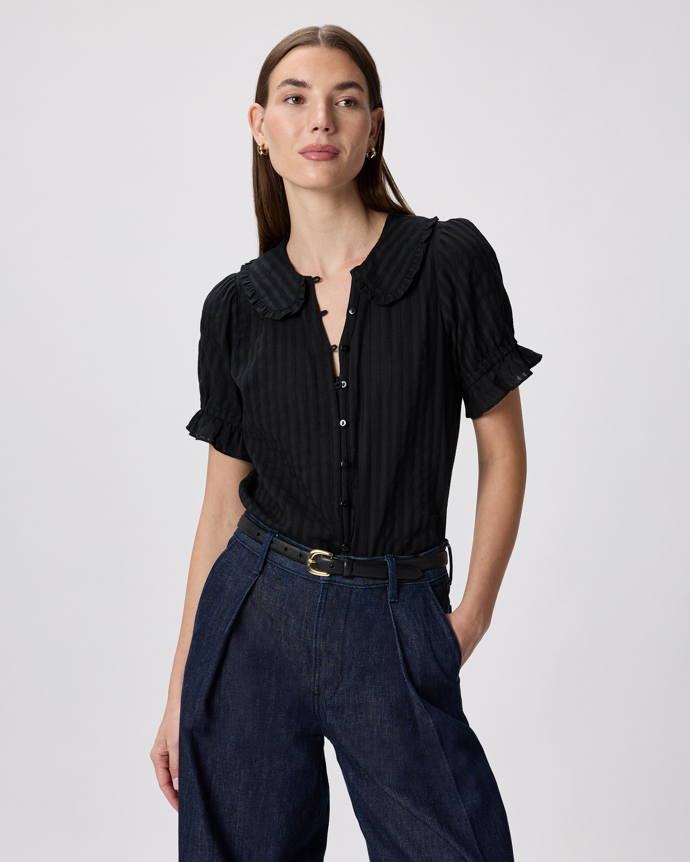 True Black Embroidered Cotton Ruffle Collar Short Sleeve Blouse