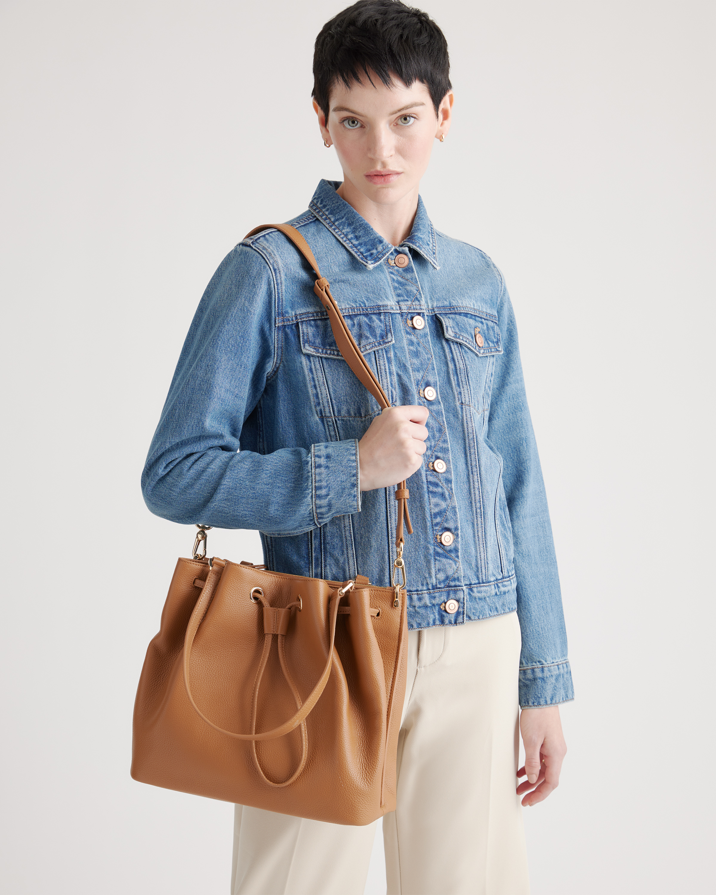 Italian Leather Triple Compartment Bucket Bag