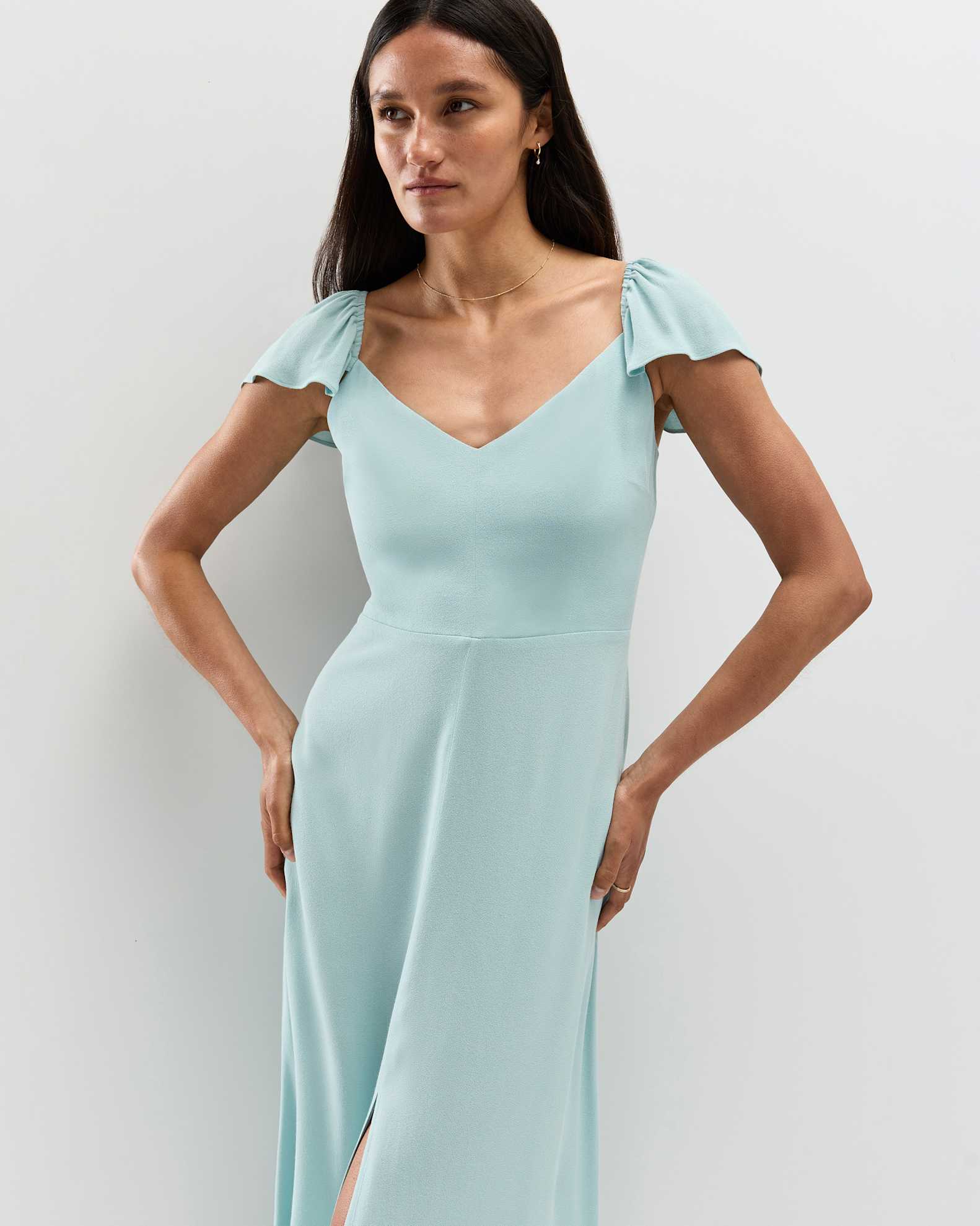 Lightweight Crepe Flutter Sleeve Midi Dress in Aqua Pearl Lightweight Crepe Flutter Sleeve Midi Dress in Aqua Pearl