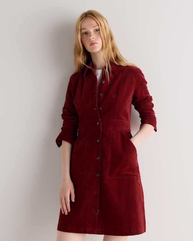 Deep Brick Red Organic Stretch Corduroy Mini Shirt Dress