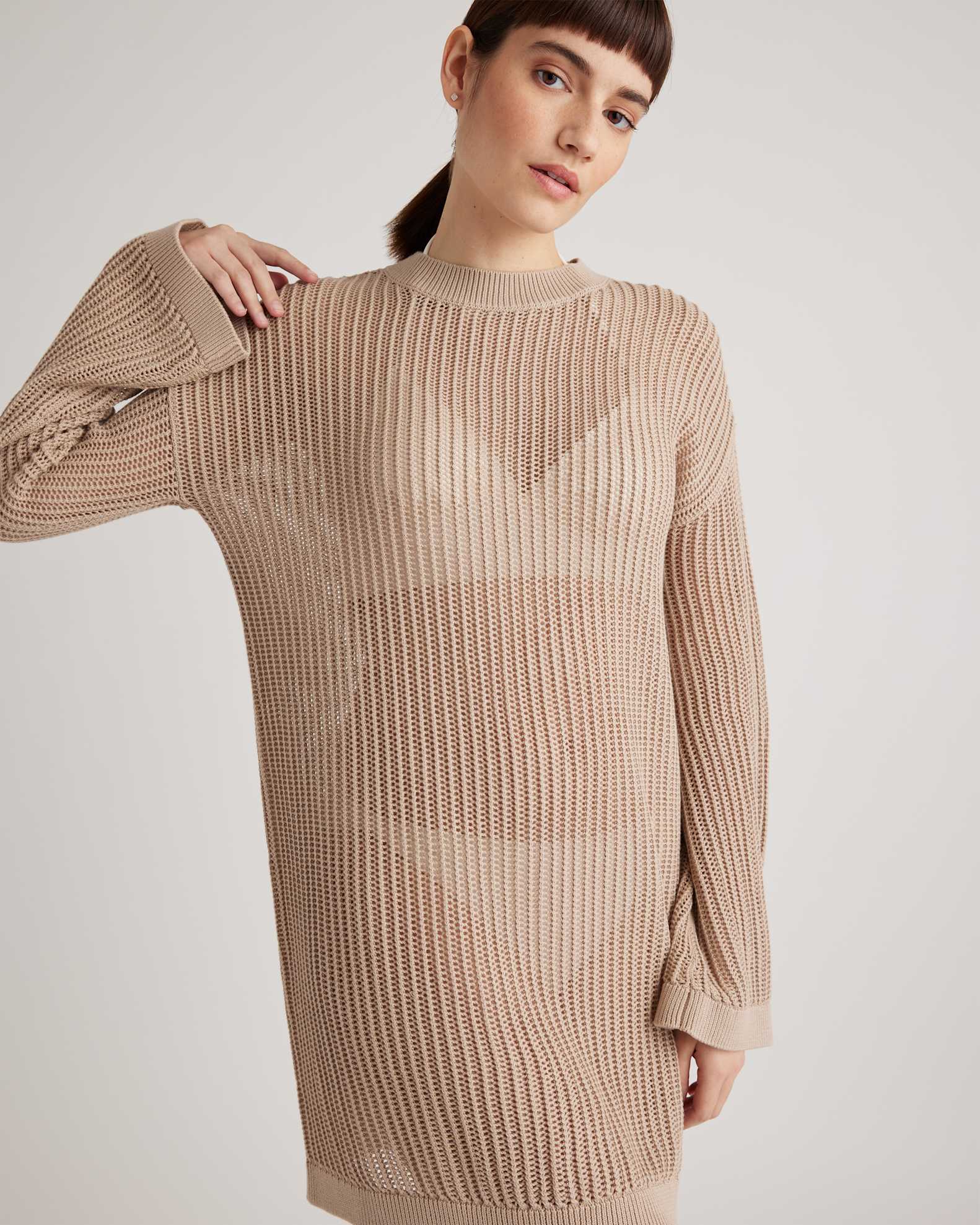 Quince Women's Organic Cotton Open-Knit Long Sleeve Beach Cover-Up Mini Dress, Beige, Size Large Quince Women's Organic Cotton Open-Knit Long Sleeve Beach Cover-Up Mini Dress, Beige, Size Large