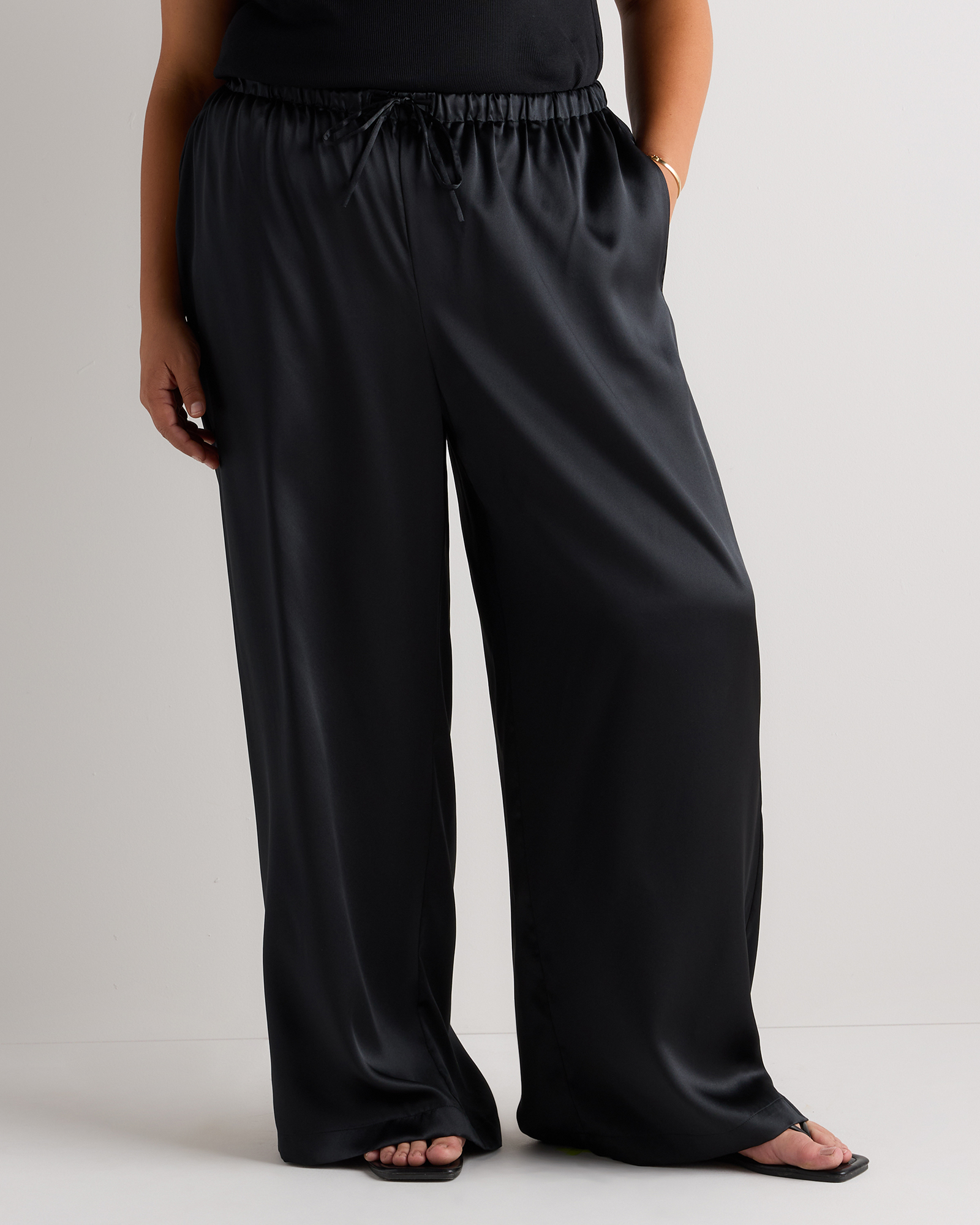 Black 100% Washable Silk Drawstring Wide Leg Pants