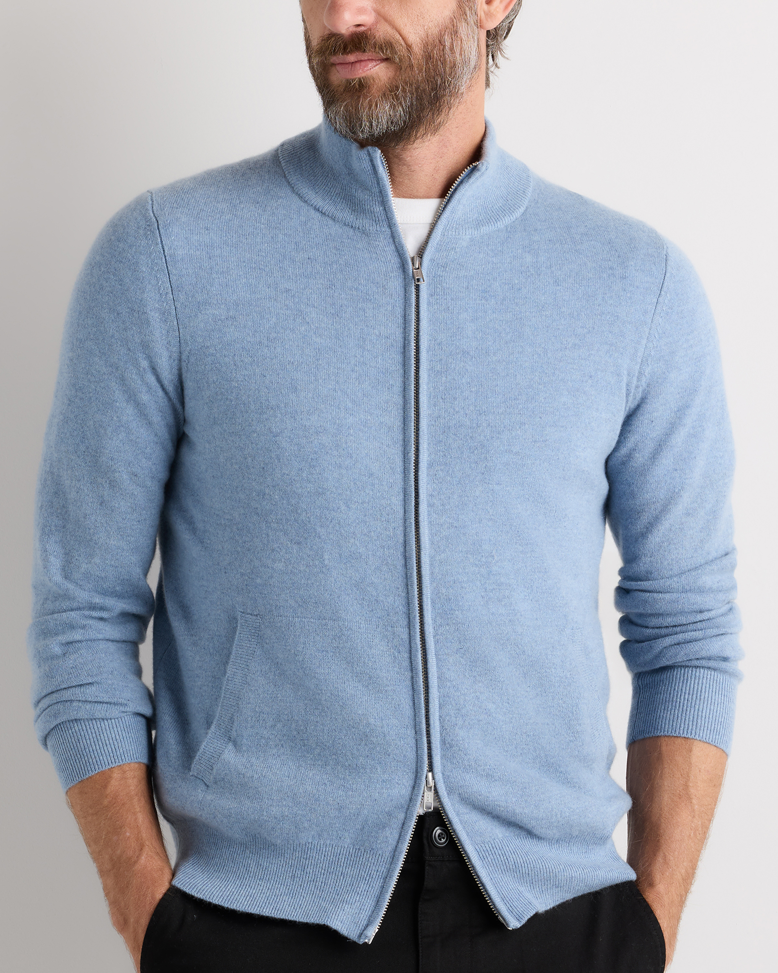 Mongolian Cashmere Full Zip Sweater in Faded Denim | Quince Canada