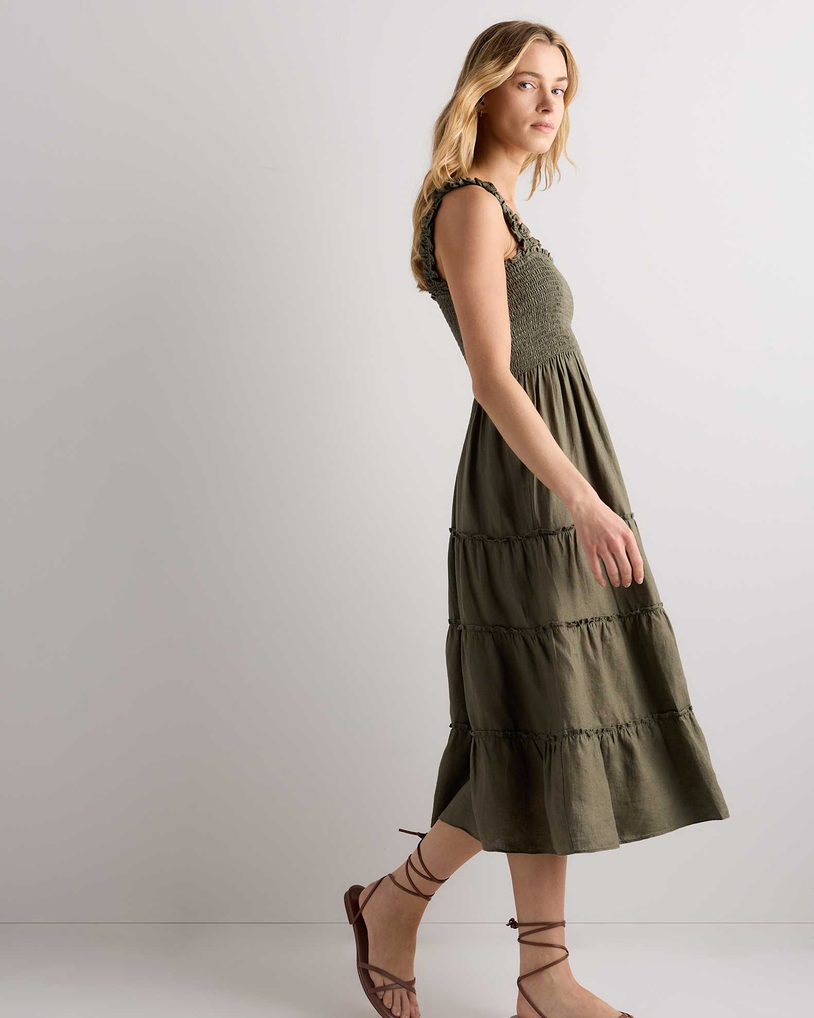 100% European Linen Smocked Midi Dress in Bayberry Olive 100% European Linen Smocked Midi Dress in Bayberry Olive