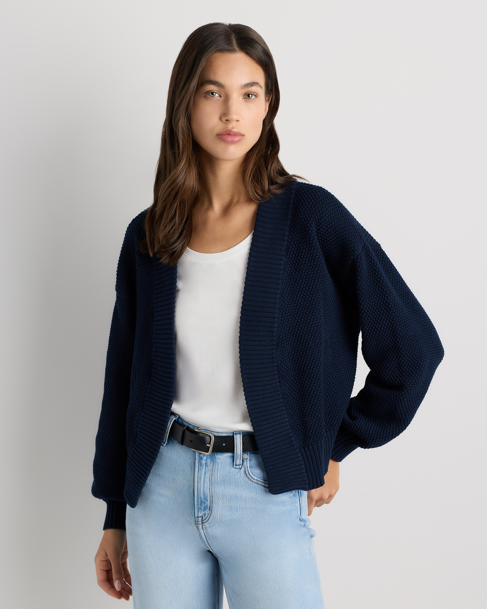 Navy 100% Organic Cotton Waffle Stitch Open Cardigan