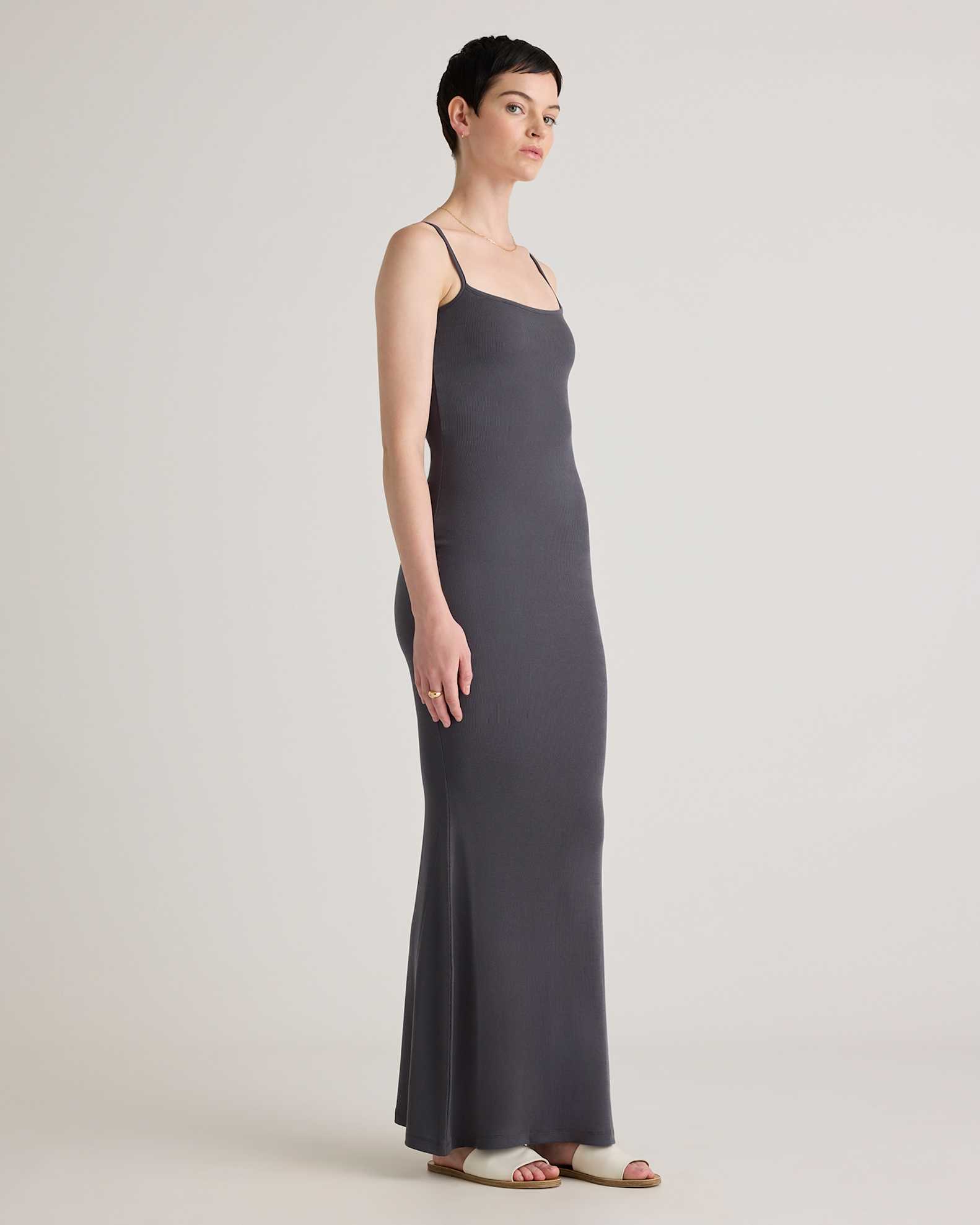 Quince Women's Tencel Rib Knit Maxi Slip Dress, Carbon Grey, Size Small, Cotton/Modal Blend, Body-Hugging Fit Quince Women's Tencel Rib Knit Maxi Slip Dress, Carbon Grey, Size Small, Cotton/Modal Blend, Body-Hugging Fit